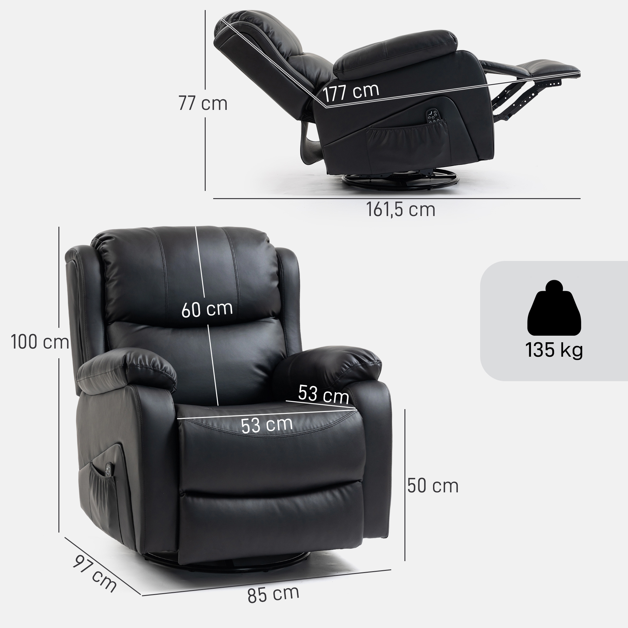 Massagesessel, Wärme- & Liegefunktion, Kunstleder, bis 150kg, 97x92x104cm, Schwarz