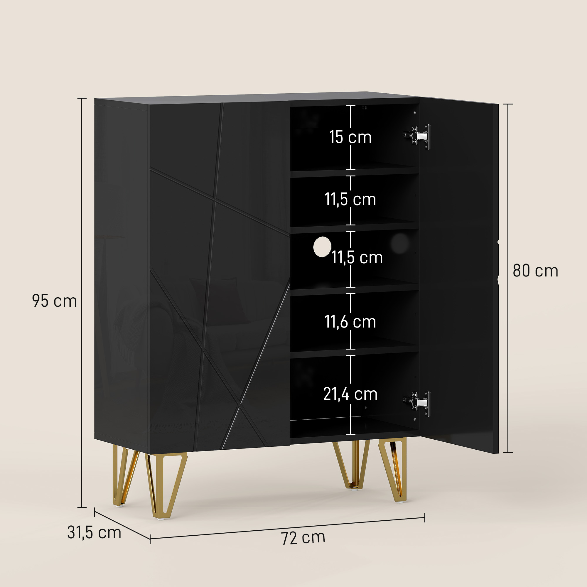Schuhschrank mit 2 Türen, Schuhregal, Schuhaufbewahrung mit 3 Verstellbaren Ablagen 72 x 31,5 x 95 cm, Schwarz
