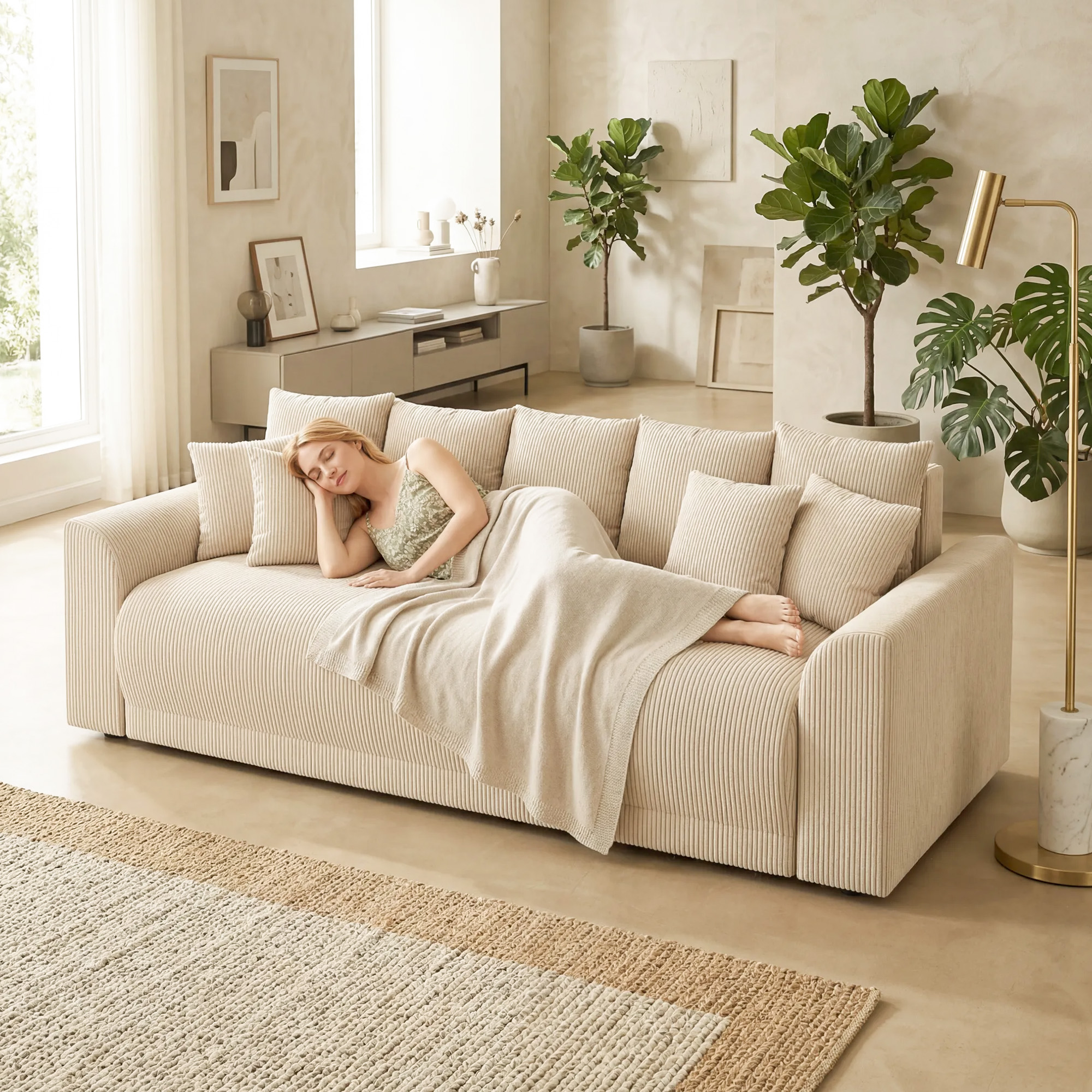 Schlafsofa 190x150cm 3-Sitzer Sofa mit Schlaffunktion, Kissen, Stauraum, Cord-Optik für Wohnzimmer, Beige