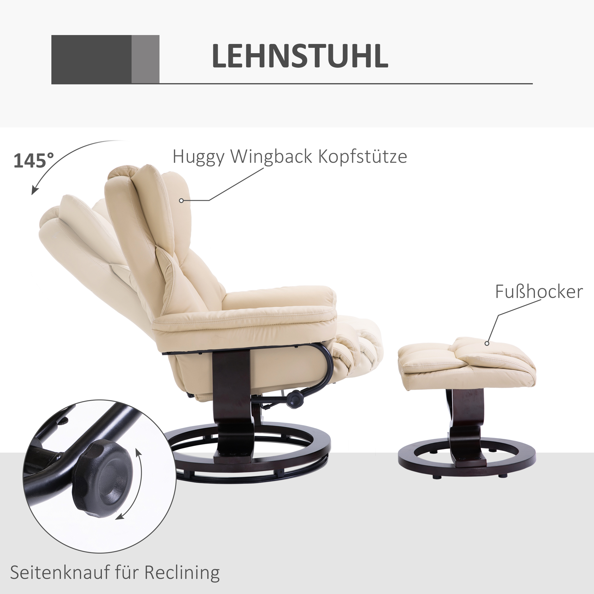 Relaxsessel mit Hocker, Liegefunktion, drehbar, bis 160 kg, Kunstleder, Metallrahmen, creme, 80 x 79 x 100 cm