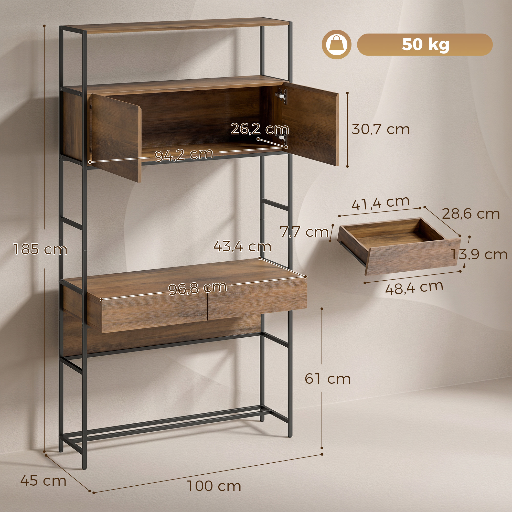 Computertisch mit Regalen und 2 Schubladen für das Home Office, 185 cm hoch, Braun Holzoptik