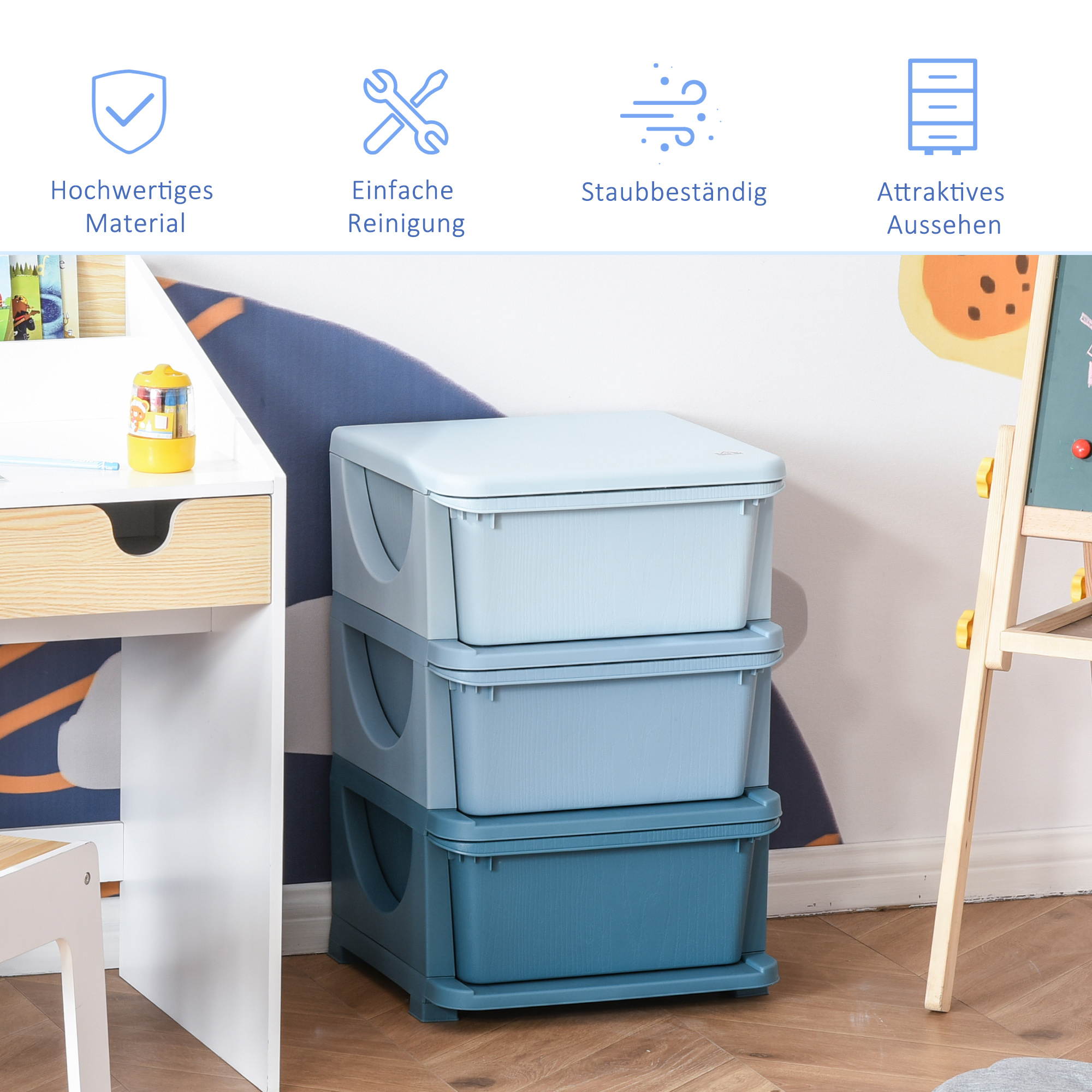 Aufbewahrungsboxen für Kinder, 3 Schubladen, abgerundete Kanten, erhöhtes Design, 37x37x56,5 cm, Blau