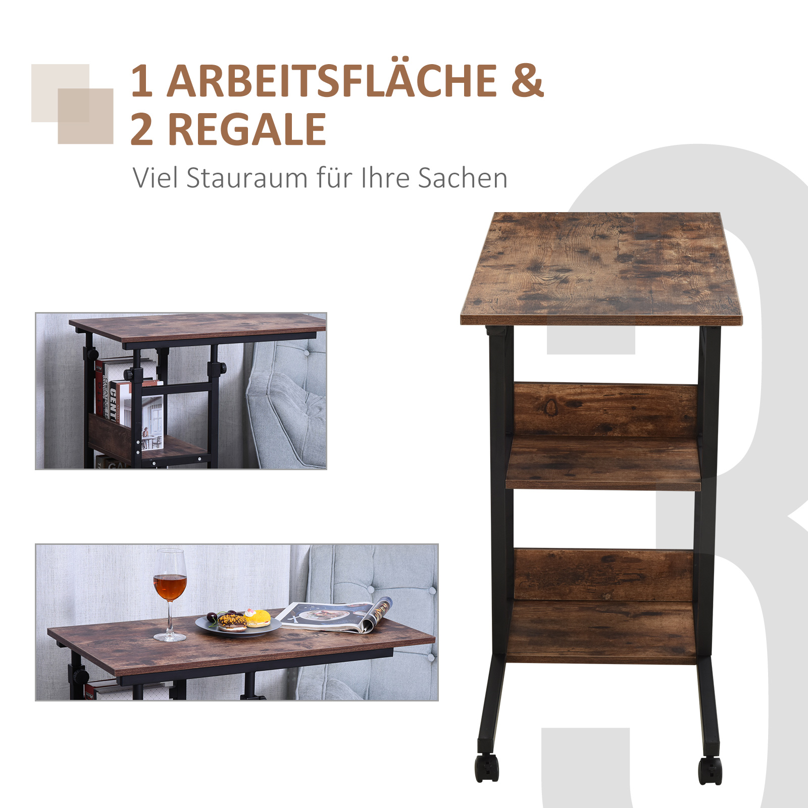 Beistelltisch mit Rollen, höhenverstellbar, kompakt, 2 Ablageböden, Metallrahmen, 80x40x72-82 cm, Braun/Schwarz