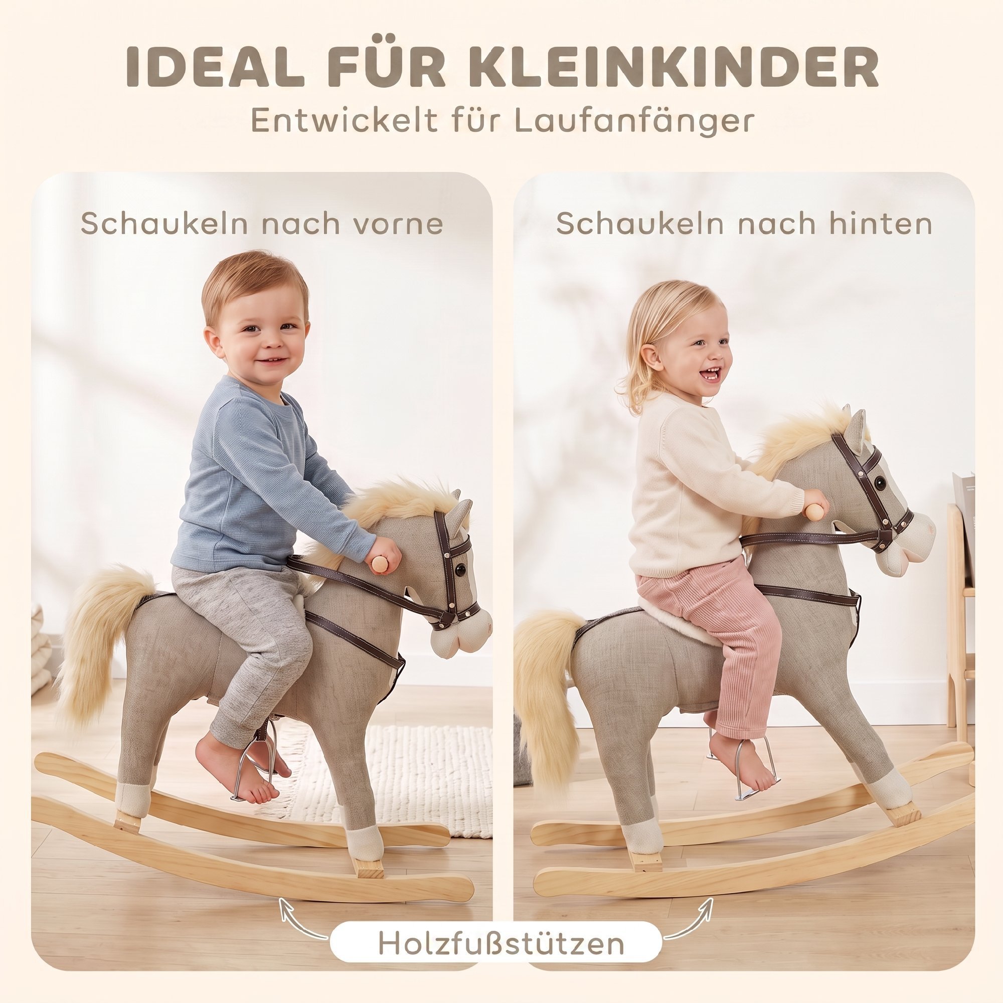 Schaukelpferd mit Sound und Sicherheitsgriffen, Reitpferd mit Holzgestell für Kleinkinder von 12–36 Monaten, Grau