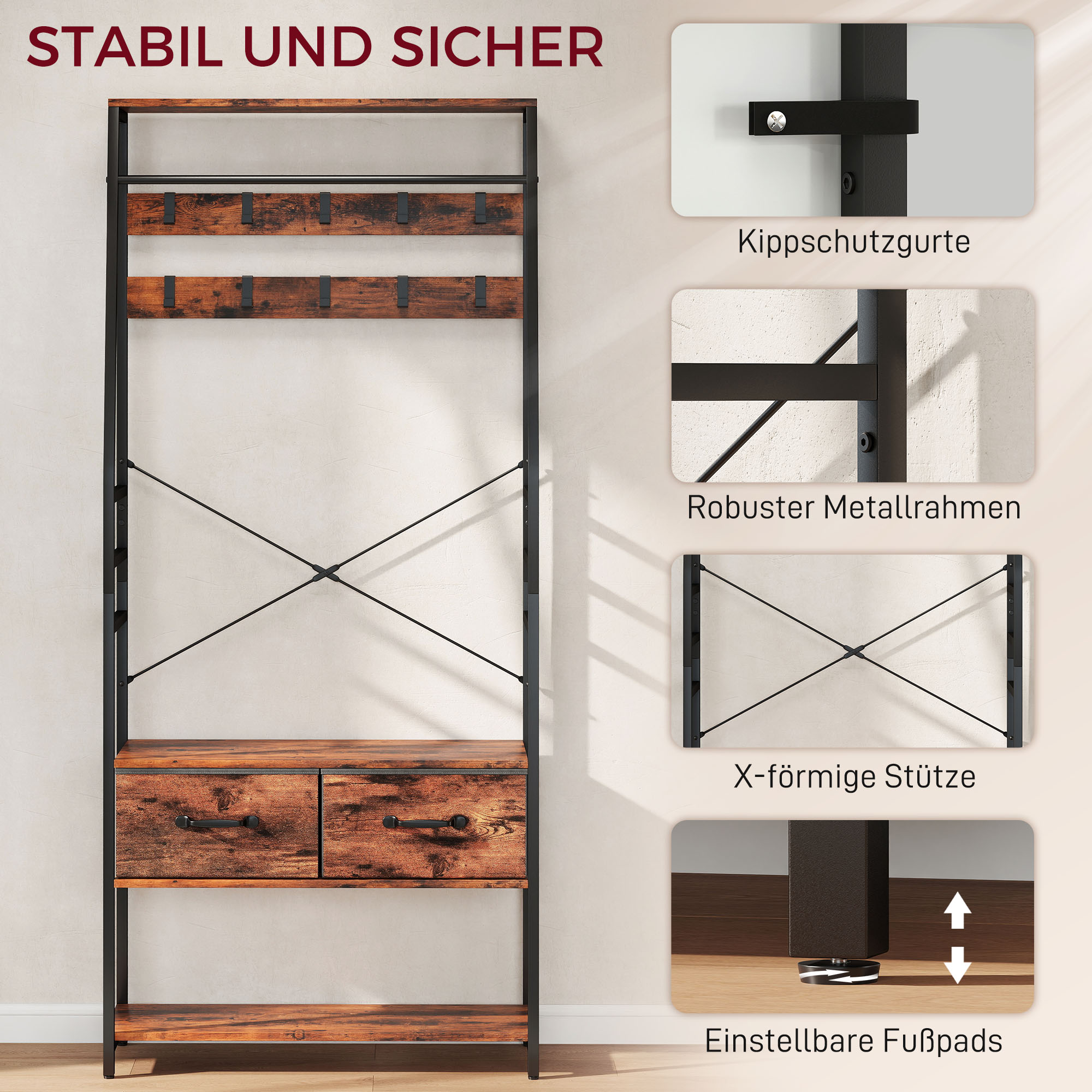 Garderobe mit Schuhregal, Mantelständer mit Sitzbank, 10 Haken, 2 Stoffschubladen, Kleiderstange, Spanplatte, Metall, Braun