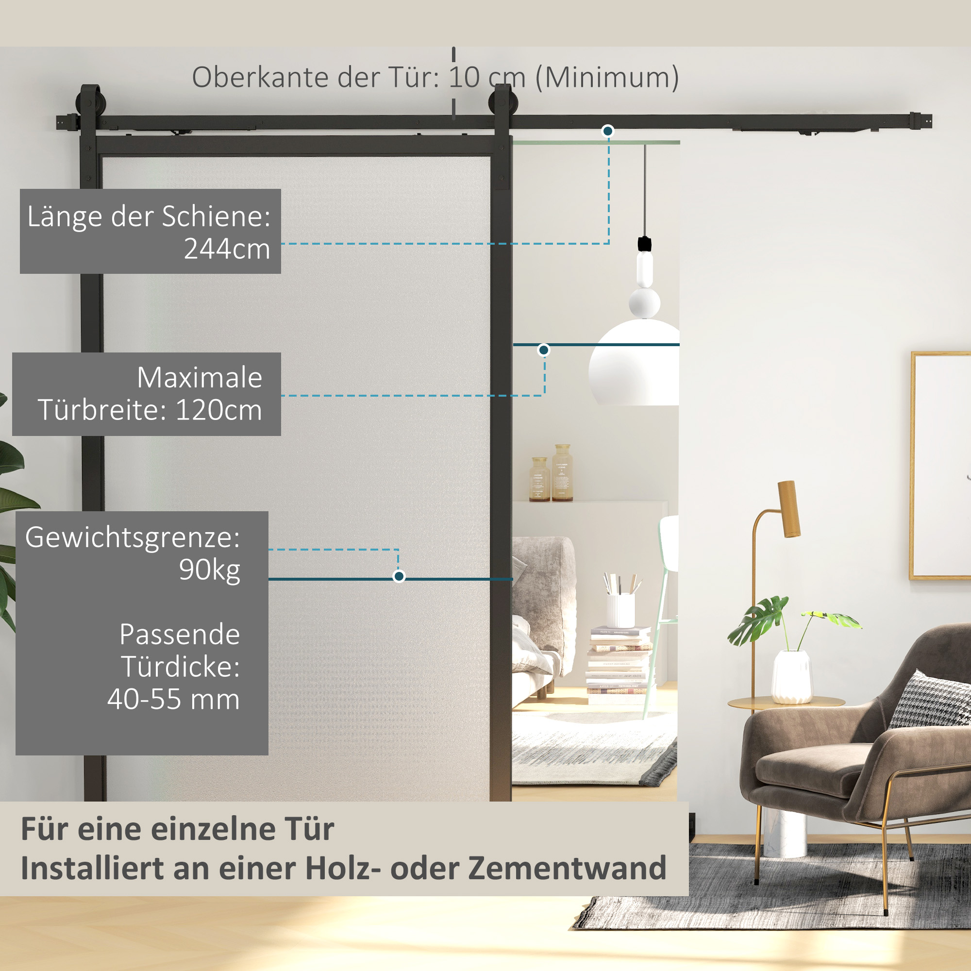 Schiebetür-Bausatz, leise & leichtgängig, für Holz- & Zementwände, 244cm, Stahl, Schwarz
