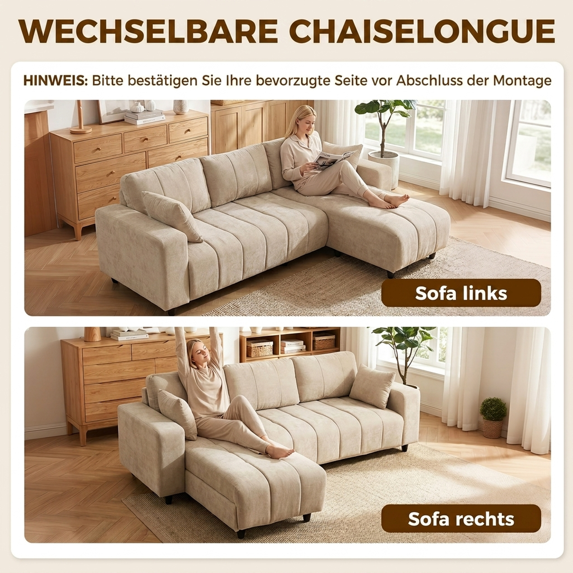 L-förmiges Ecksofa mit flexibler Chaiselongue, 3-Sitzer-Couch mit 2 Kissen, Metallrahmen, für Wohnzimmer, Beige