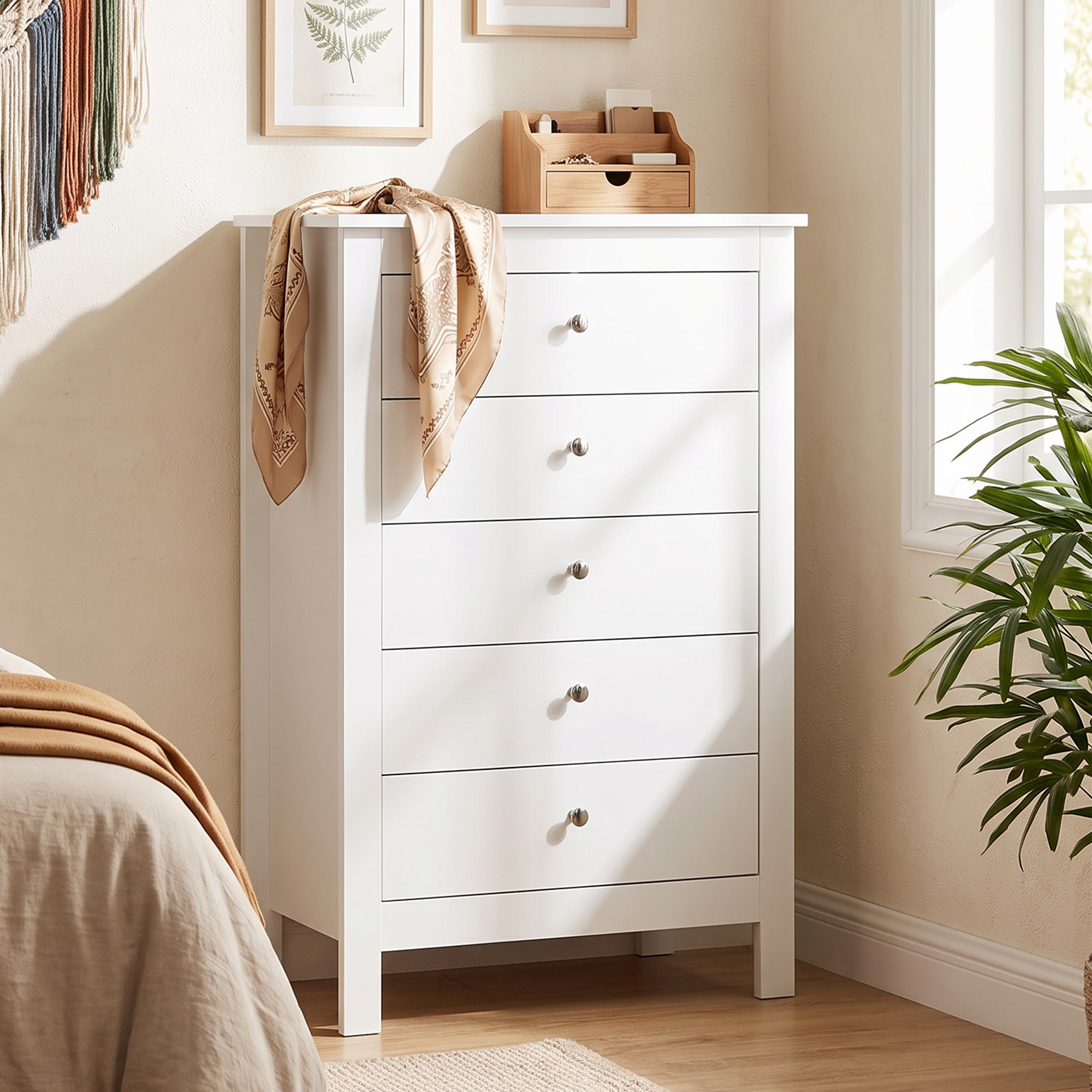 Kommode mit 5 Schubladen, Schrank mit leichtgängigen Schienen für Schlafzimmer, 60 x 39,5 x 95,3 cm, Weiß