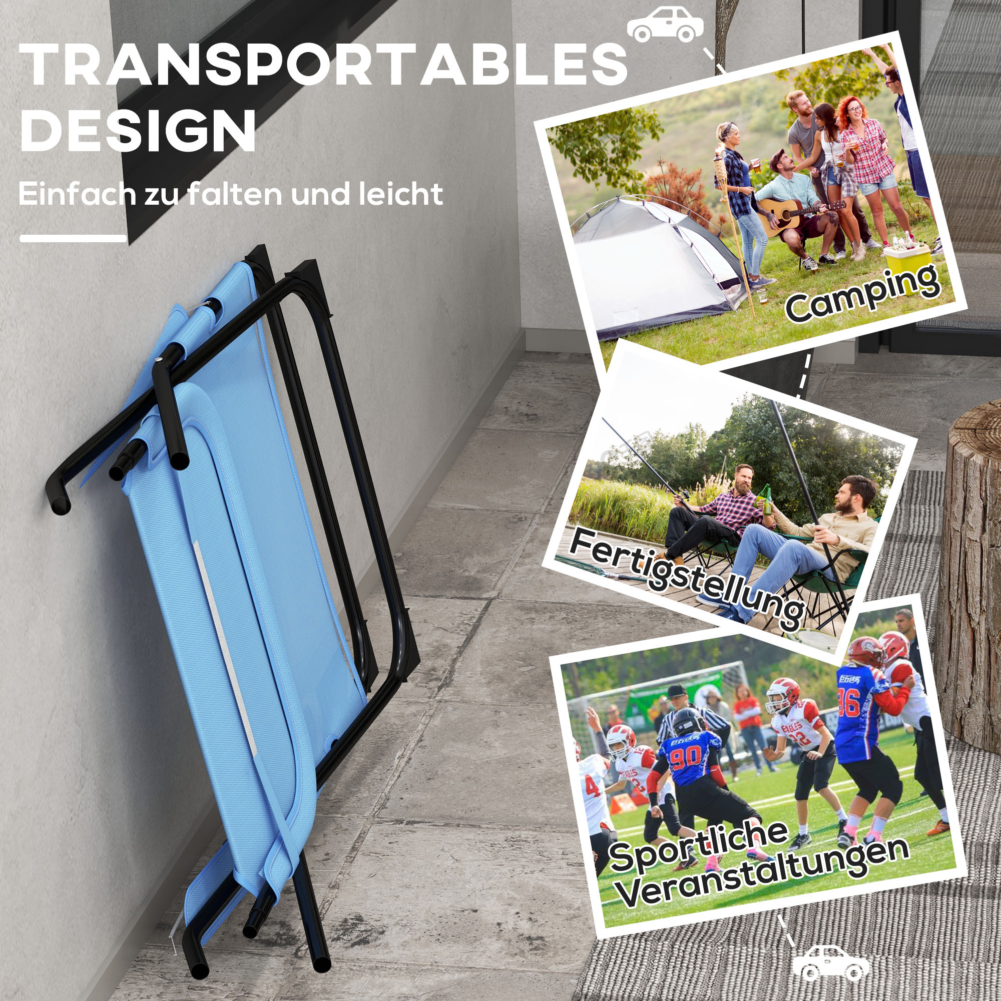 Klappstuhl, 4-stufig verstellbar, atmungsaktiv, Metallgestell, 69 x 91 x 96 cm, Schwarz/Blau