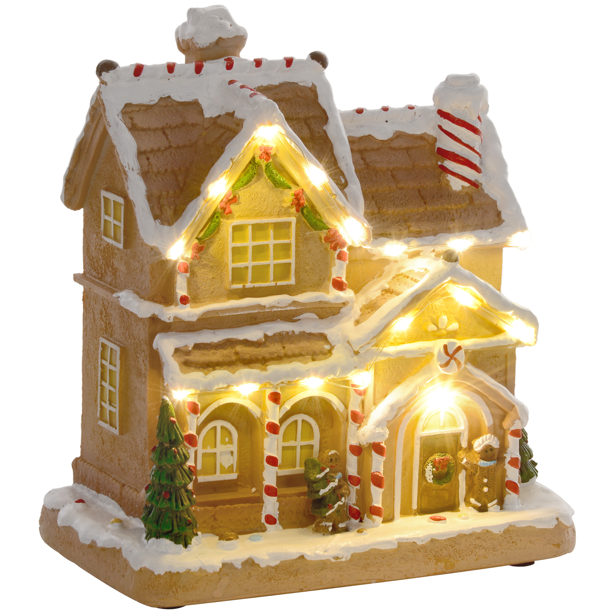 Lebkuchenhaus mit LED-Lichtern und Musik, Weihnachtshaus Winterlandschaft mit Lebkuchenmann, für Weihnachten, Braun