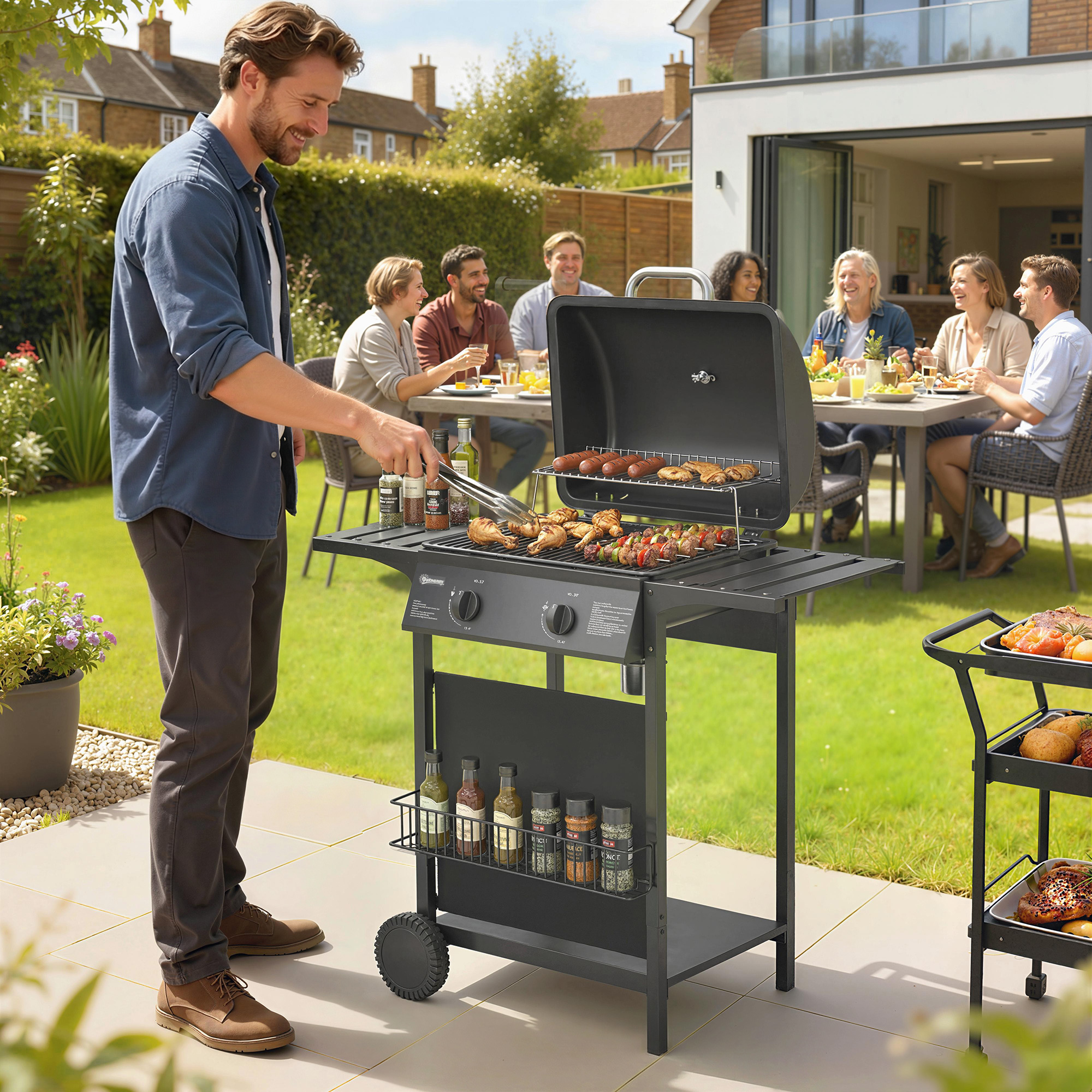 Gasgrill 5 KW 2 Brenner BBQ Grillwagen Edelstahl inkl Seitentisch Unterkorb Frontabdeckung Thermometer Emaille-Grillrost