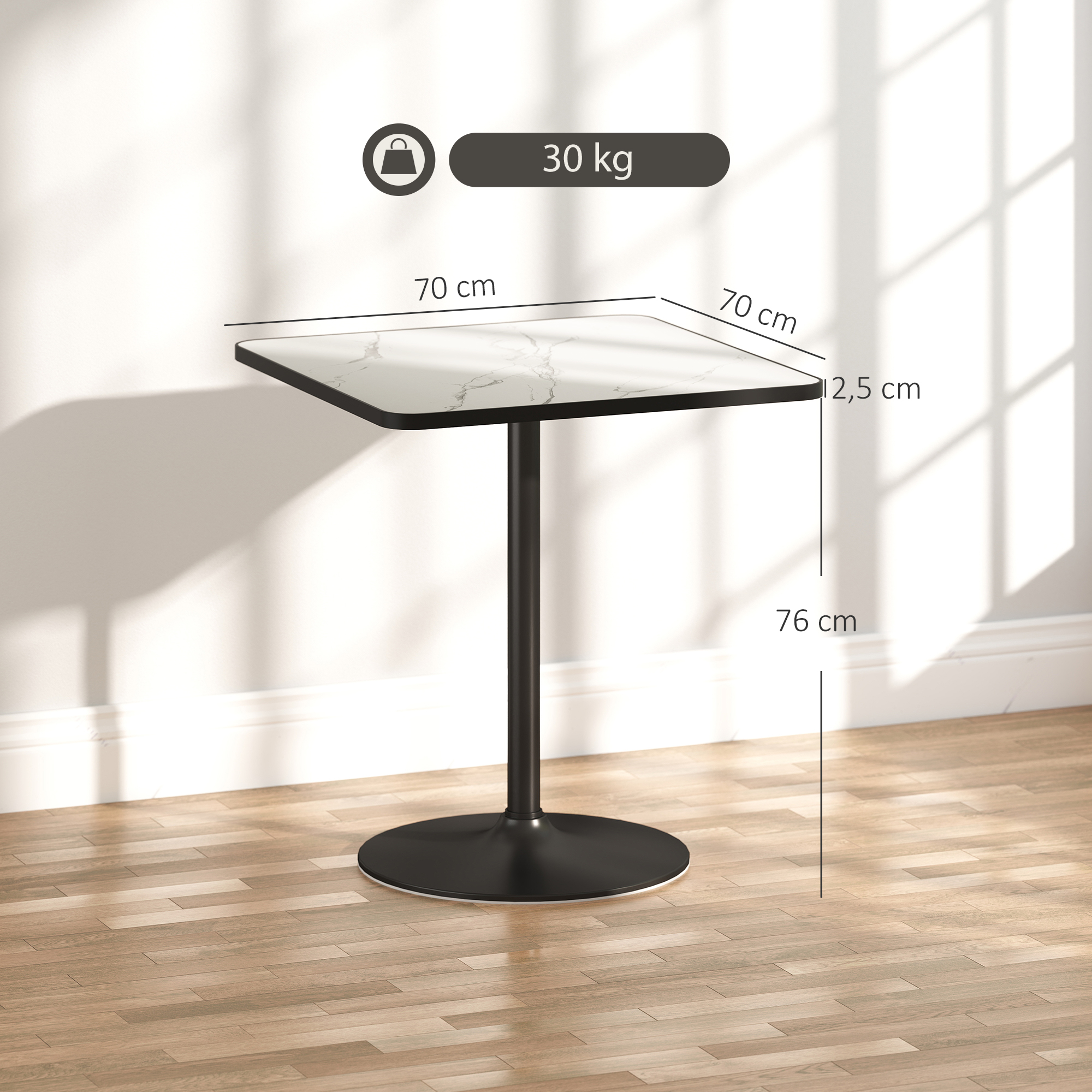 Esstisch, 70 x 70 cm quadratischer Küchentisch für 4 Personen mit Marmor-Optik für Küche Weiß