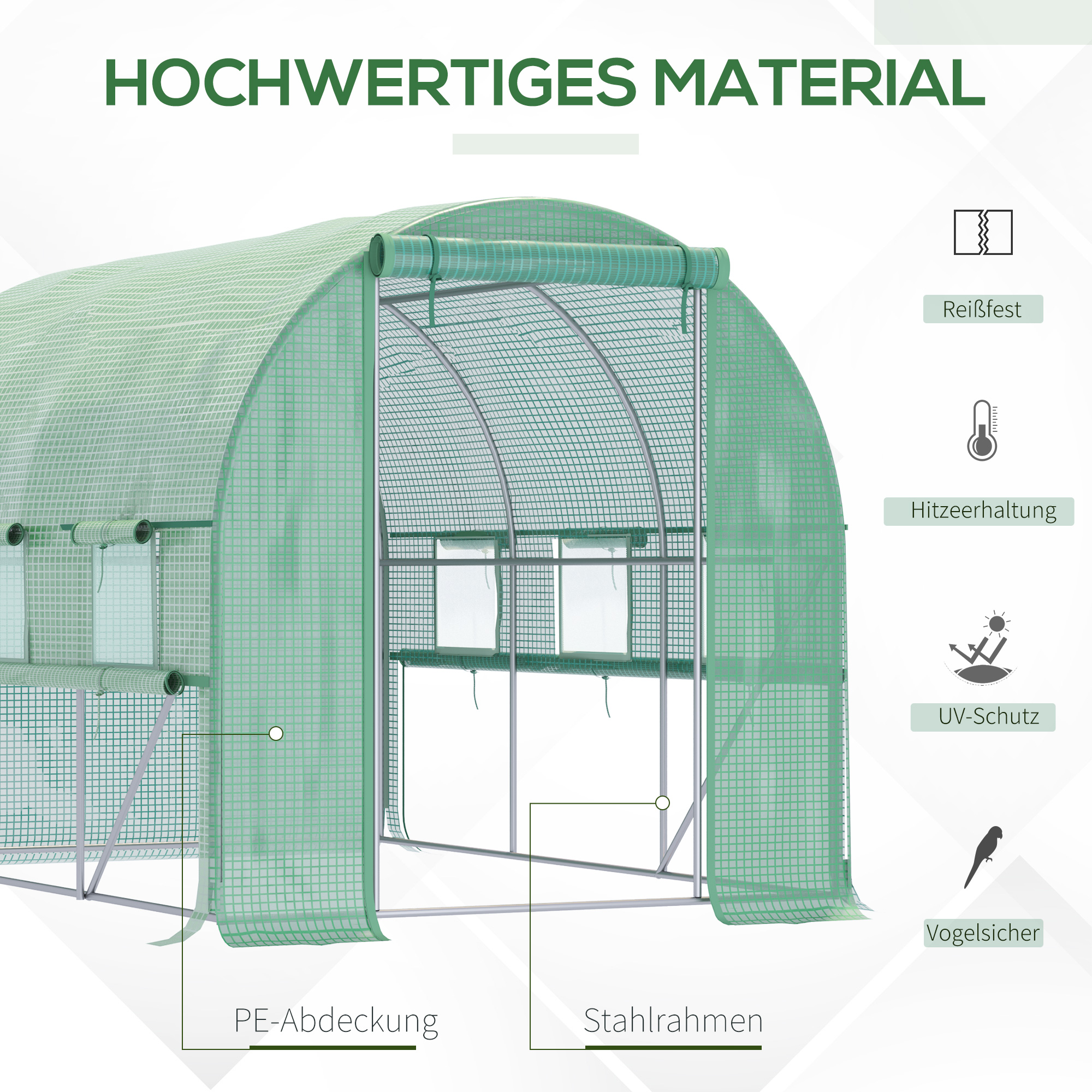 Foliengewächshaus, 6 aufrollbare Fenster, Tür mit Reißverschluss, rostfreier Stahlrahmen, 2,95 x 2 x 2 m, Grün