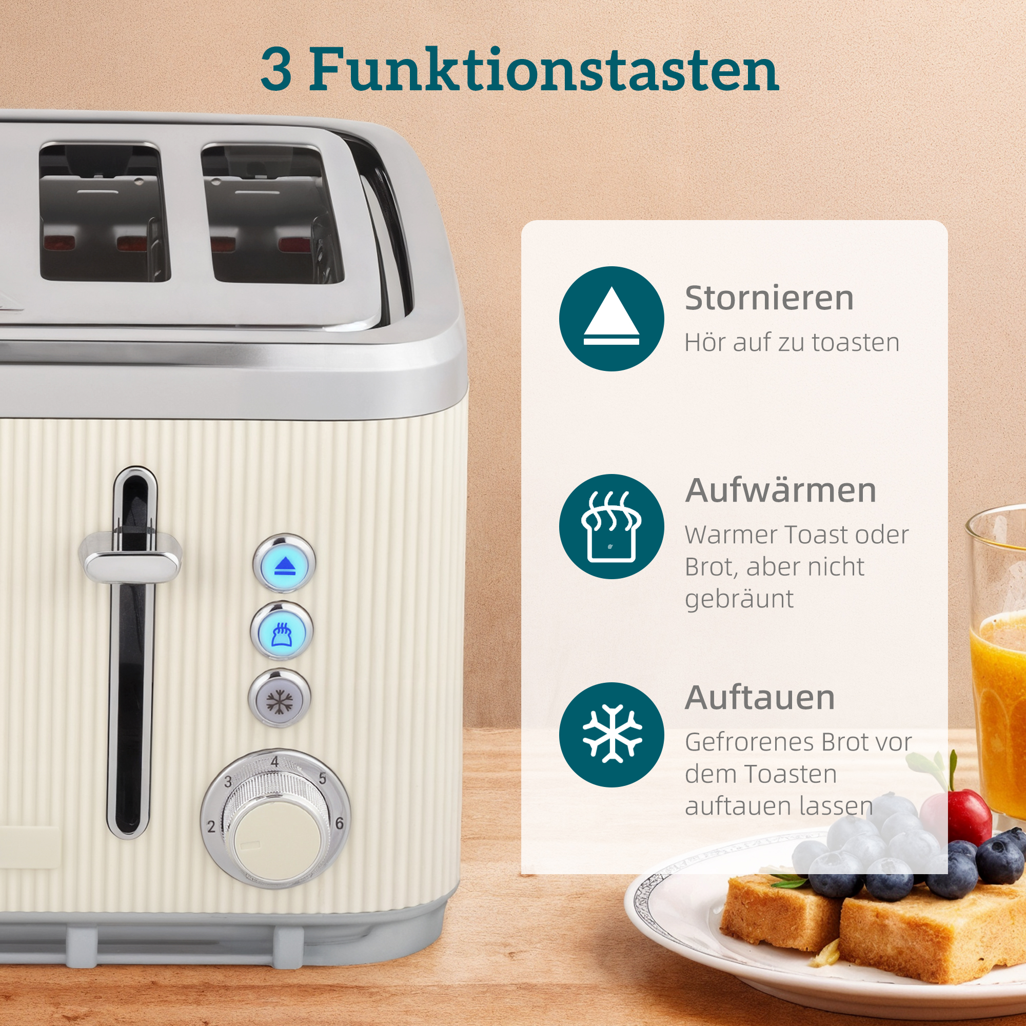 2200W, 1,7L Wasserkocher mit Schnellkochfunktion, Entkalkungsfilter und 4-Scheiben-Toaster mit 7 Bräunungsstufen, Creme