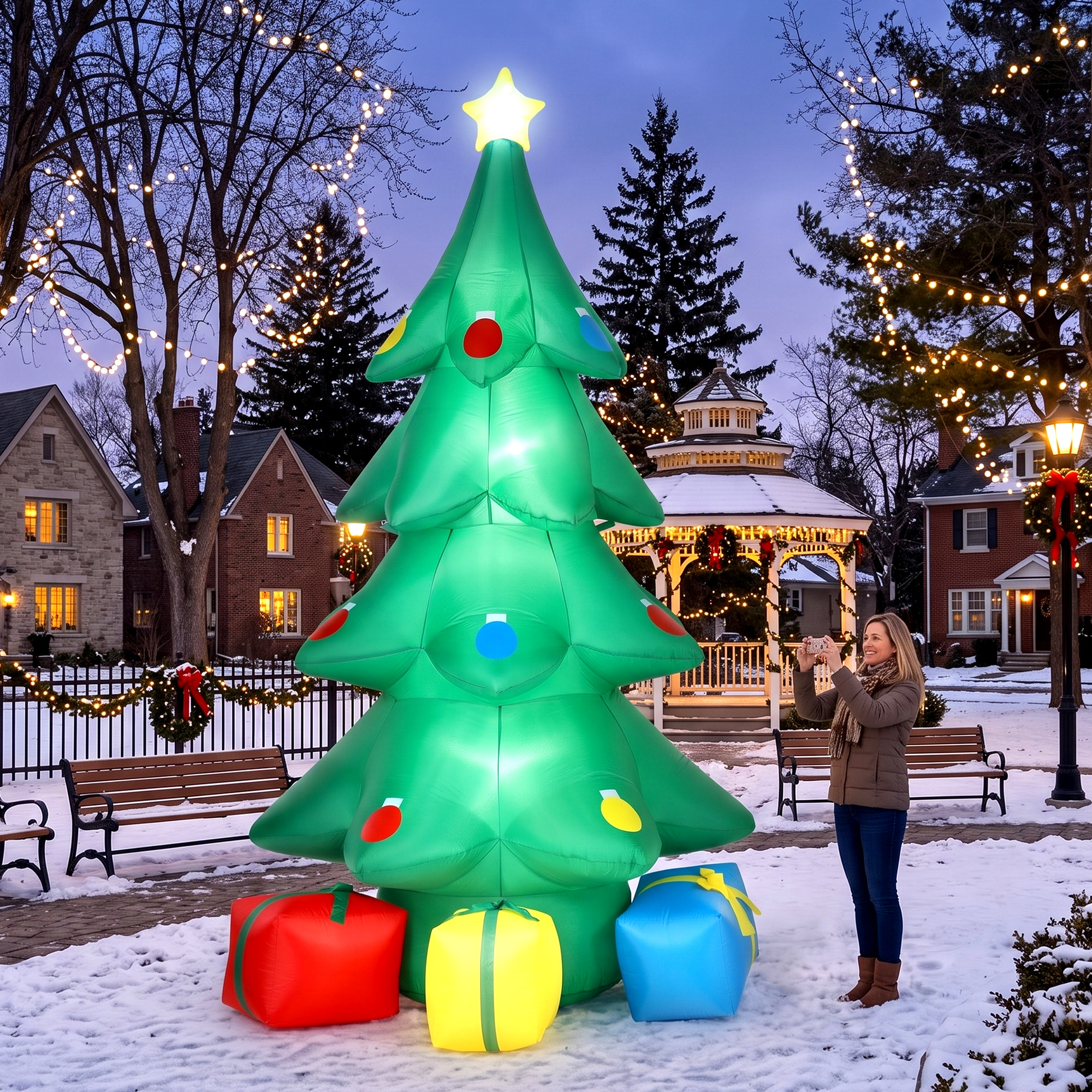 Aufblasbarer Weihnachtsbaum 300 cm mit RGB-Stern LED-Licht, Geschenkboxen, XXL  IP44 Wasserdicht für Weihnachtsfeiern
