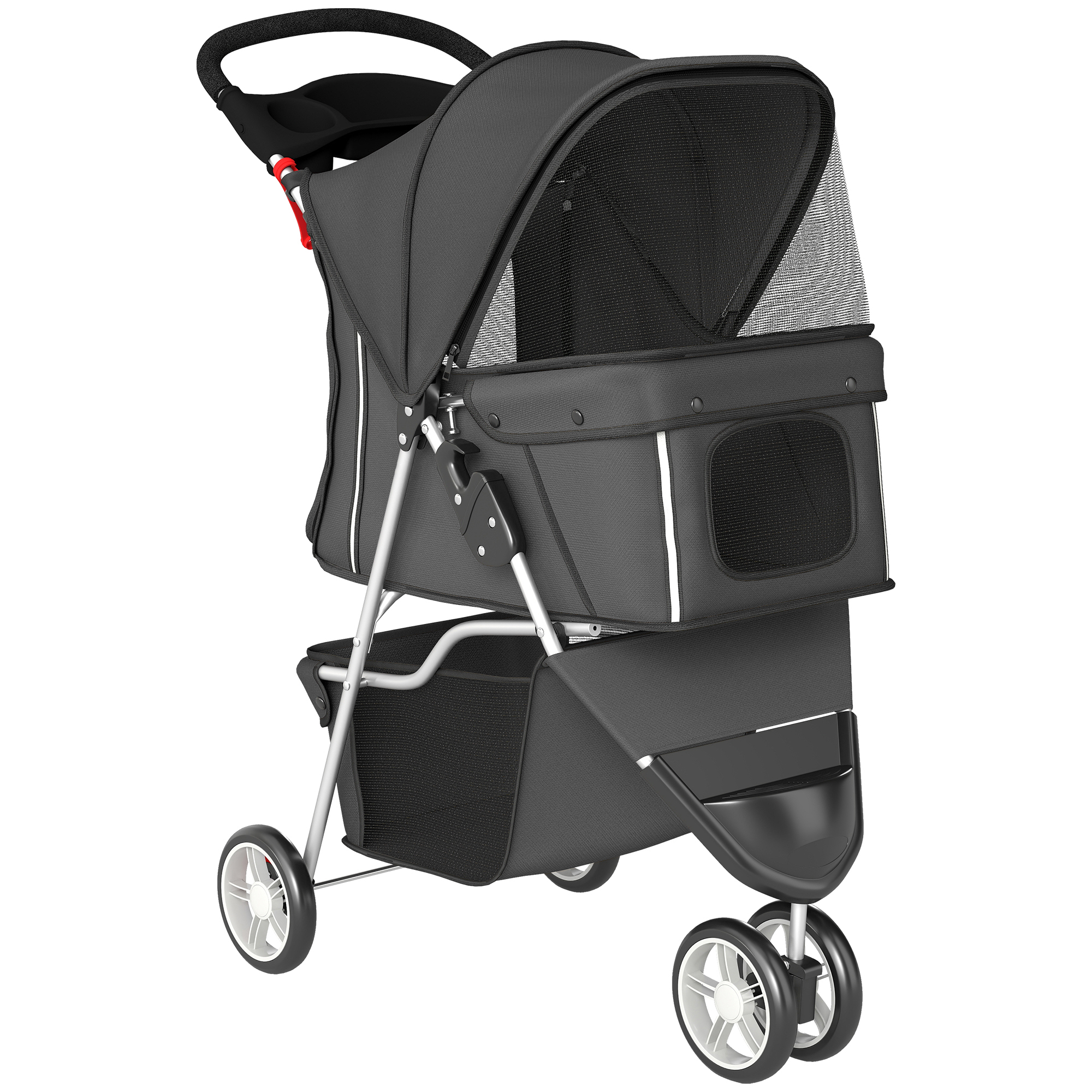 Faltbar Hundewagen mit verstellbarem Verdeck, Aufbewahrungskorb, für kleine Hunde bis 10kg, 77 x 44 x 102 cm Dunkelgrau