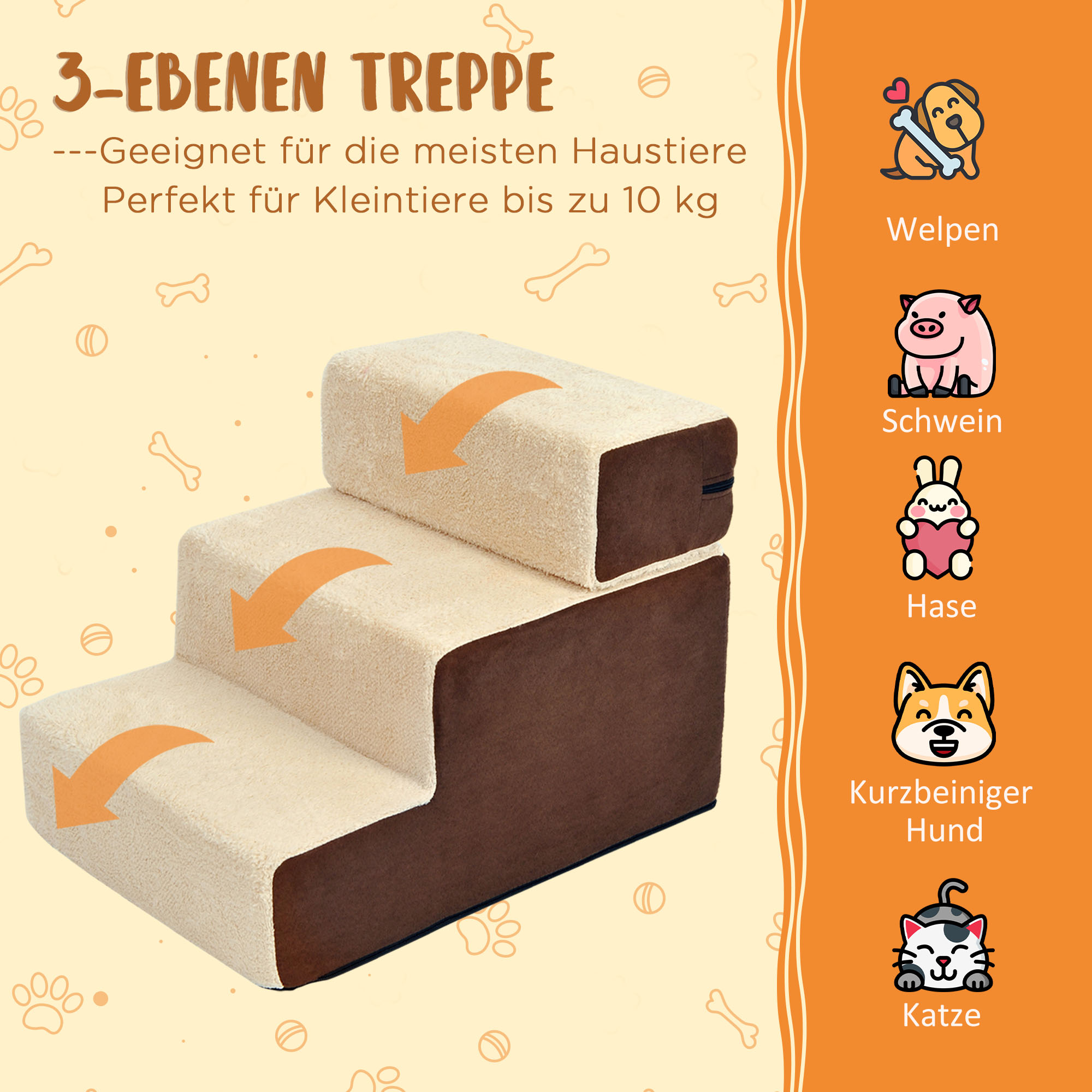 Haustiertreppe Hundetreppe Katzentreppe 3 Stufen für Katzen und Hunde Plüsch Beige 54 x 40 x 39cm