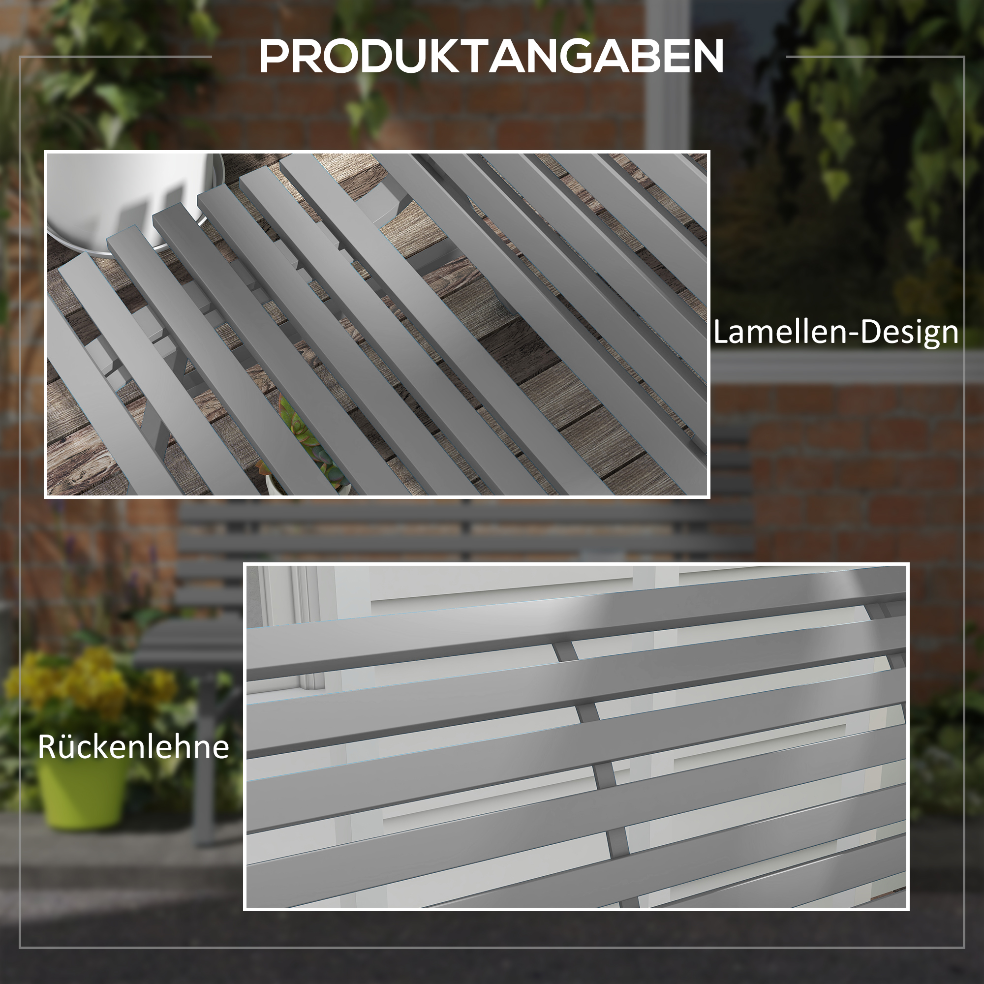 Gartenbank Sitzbank Parkbank, Lattendesign, wetterbeständig, Aluminium, 123 x 67 x 79 cm, Grau