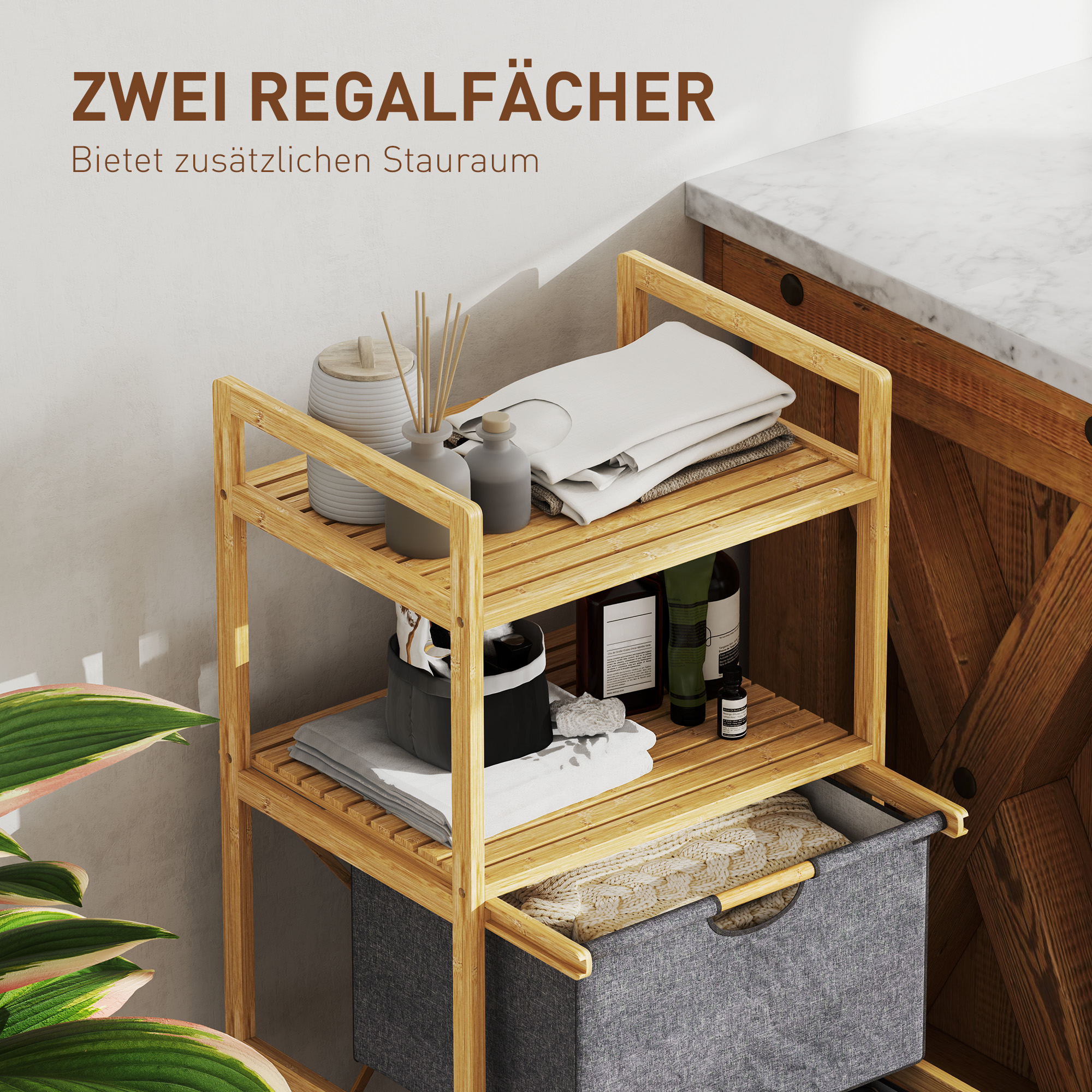 Bambus-Wäscheregal, mit 2 Wäschekörben aus Stoff, offene Ablagen, platzsparend, Naturholz