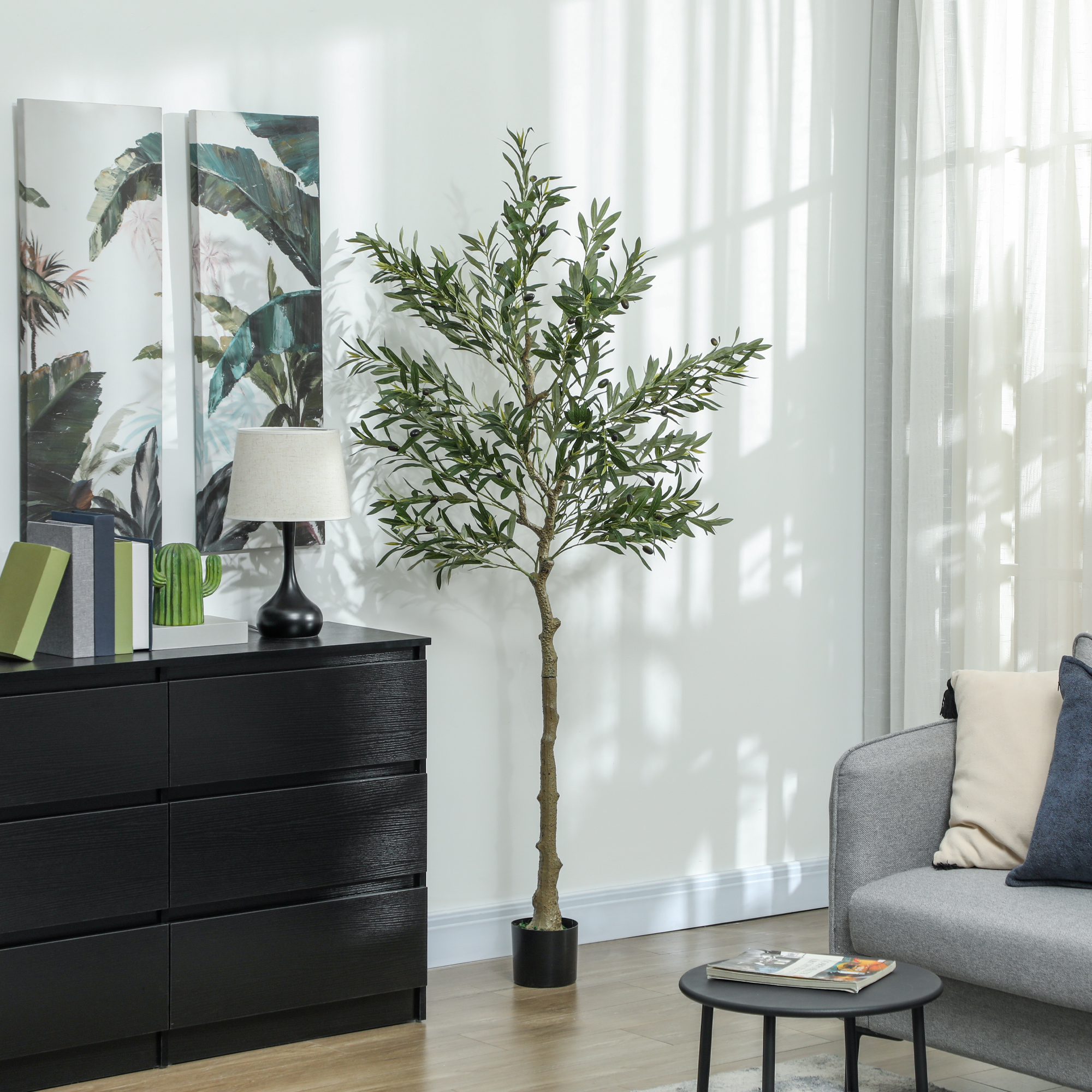 Kunstpflanze, künstlicher Olivenbaum, 180 cm, 900 Blätter, 40 Oliven, stabiler Blumentopf, Dekorationspflanze, Grün