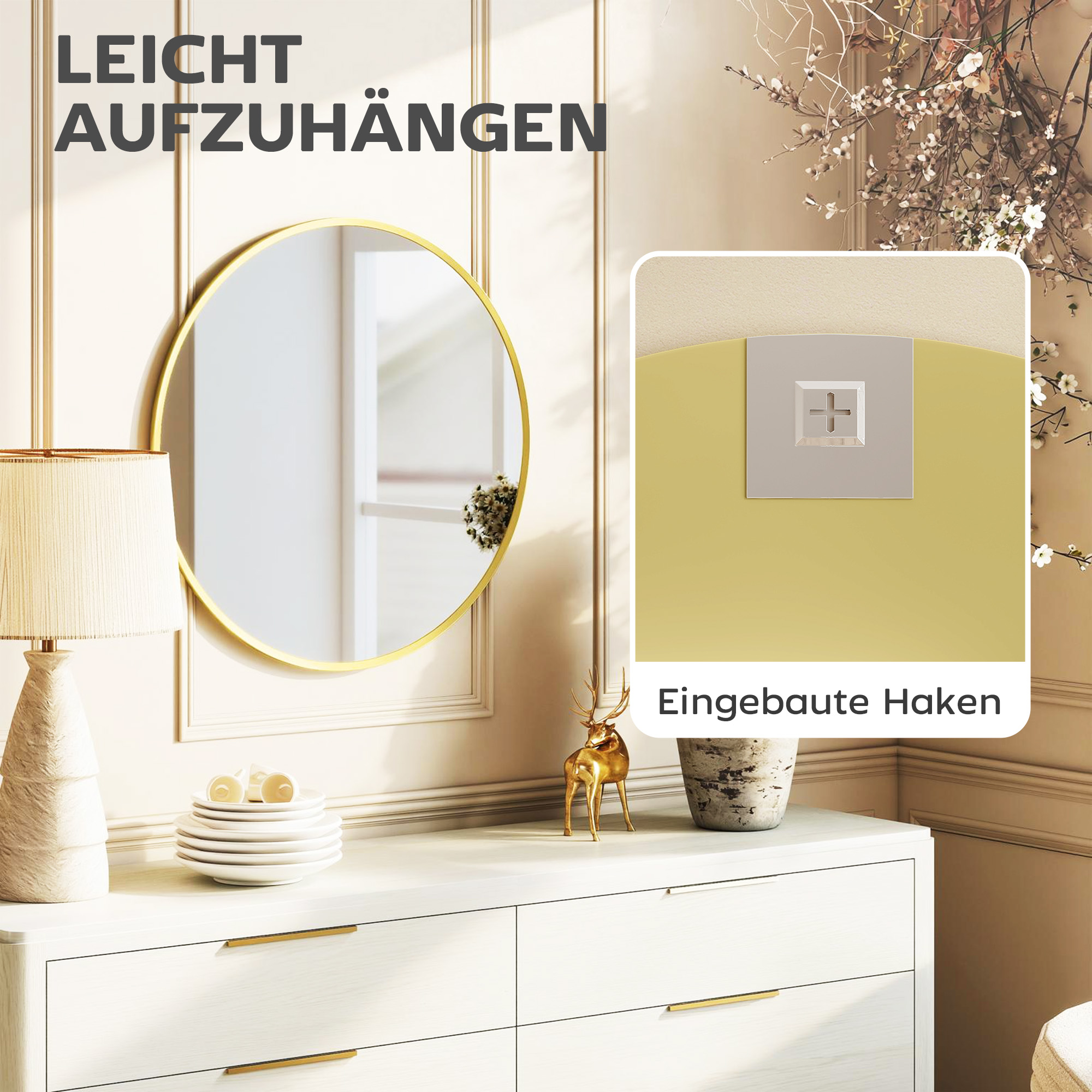 Wandspiegel, modernes Design, 61 x 61 cm, Gold