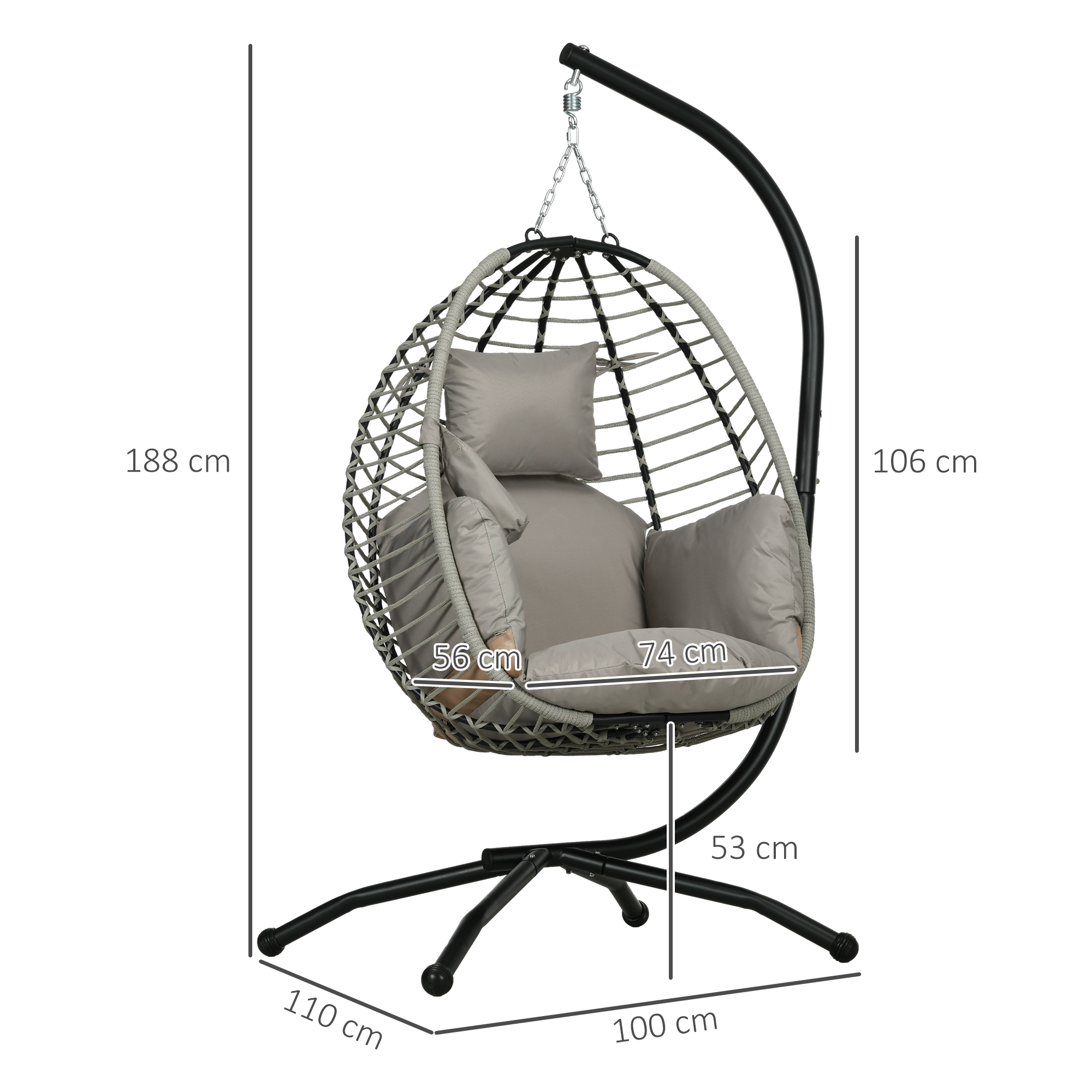 Hängesessel, Sitz- und Rückenkissen, faltbarer Sitzkorb, Becherhalter, Metallgestell, Grau