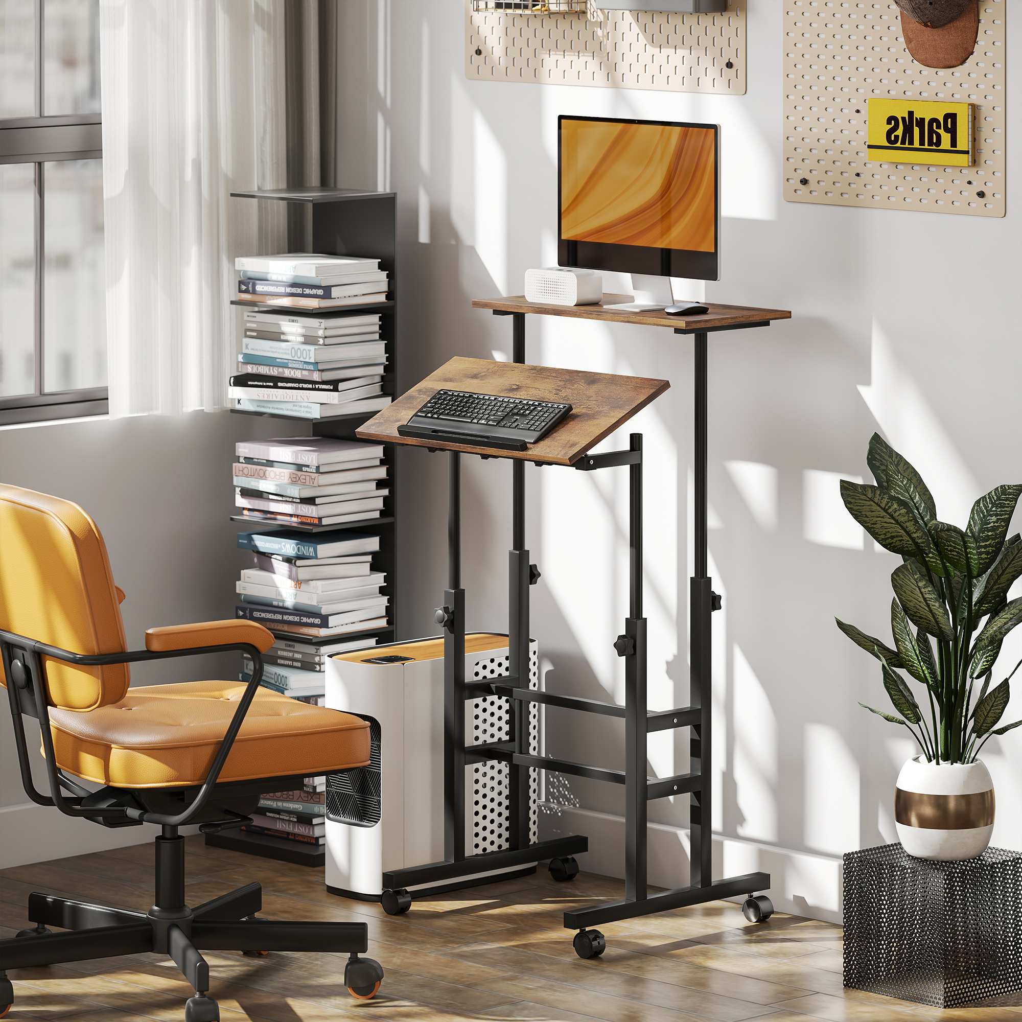 Schreibtisch höhenverstellbar Küchentisch mit Regal, Rollen, Computertisch Rustikal Braun 60 x 60 x 70,5-120 cm