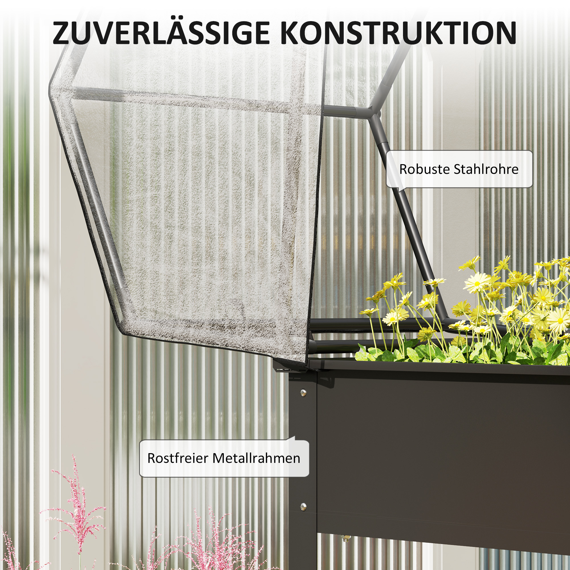 Hochbeet mit Gewächshaus-Dach, Erhöhte Pflanzenbox mit Ablauflöchern, 60 x 60 x 120 cm, Schwarz