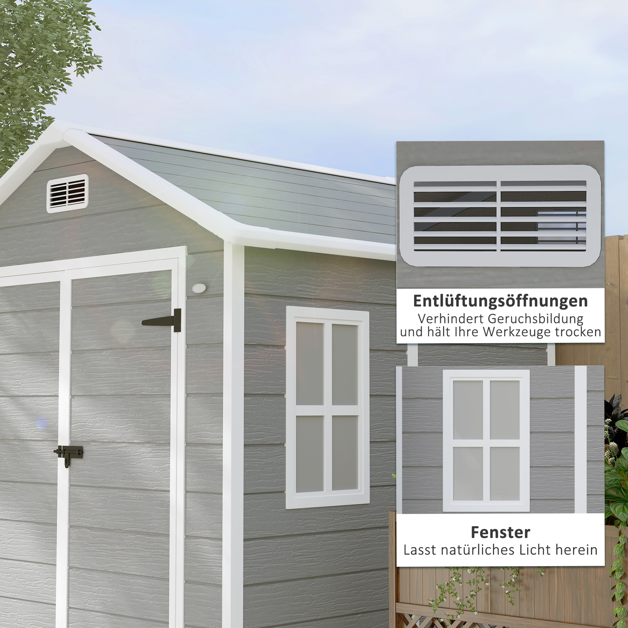 Gartenschuppen, Geräteschuppen mit Boden, verschließbare Türen, Lüftungsöffnungen, Fenster, Holzoptik, Kunststoff, Grau