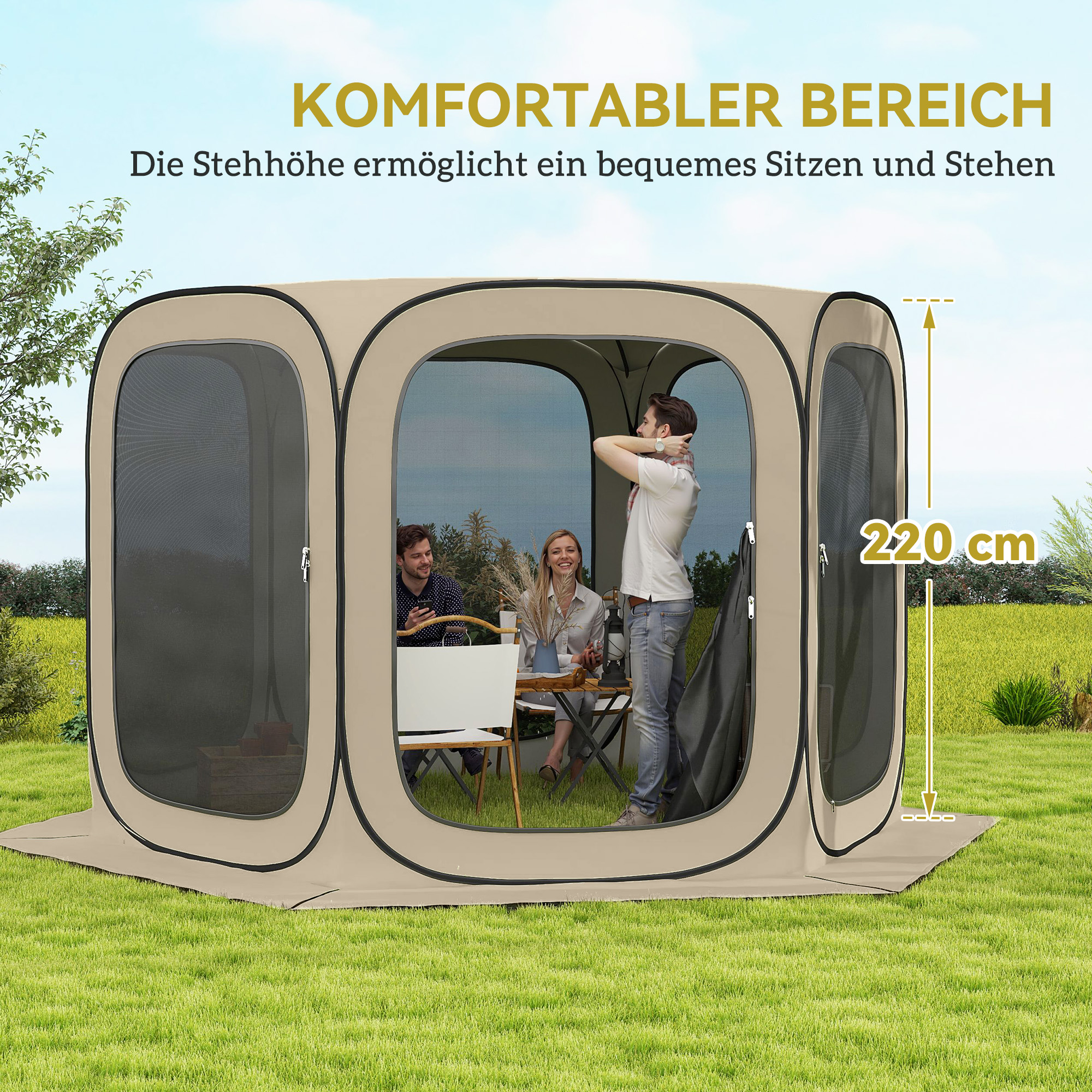 Pop-up-Campingzelt, tragbar, UPF50+ Schutz, Netz-Seiten, Stahldraht, Khaki