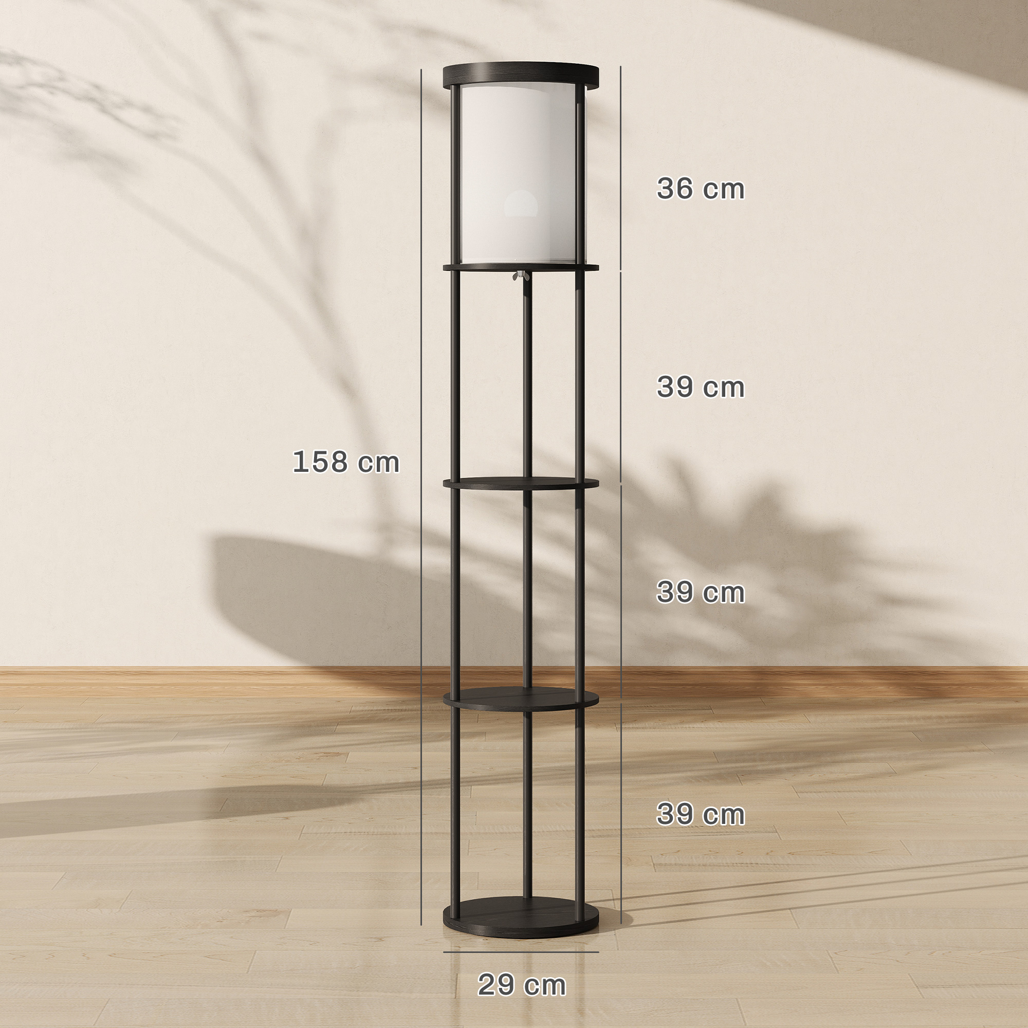 Stehlampe mit 3 Regalen, rundes Design, Fernbedienung, Fußschalter, verstellbare Lichtwärme, für Wohnzimmer, Schwarz