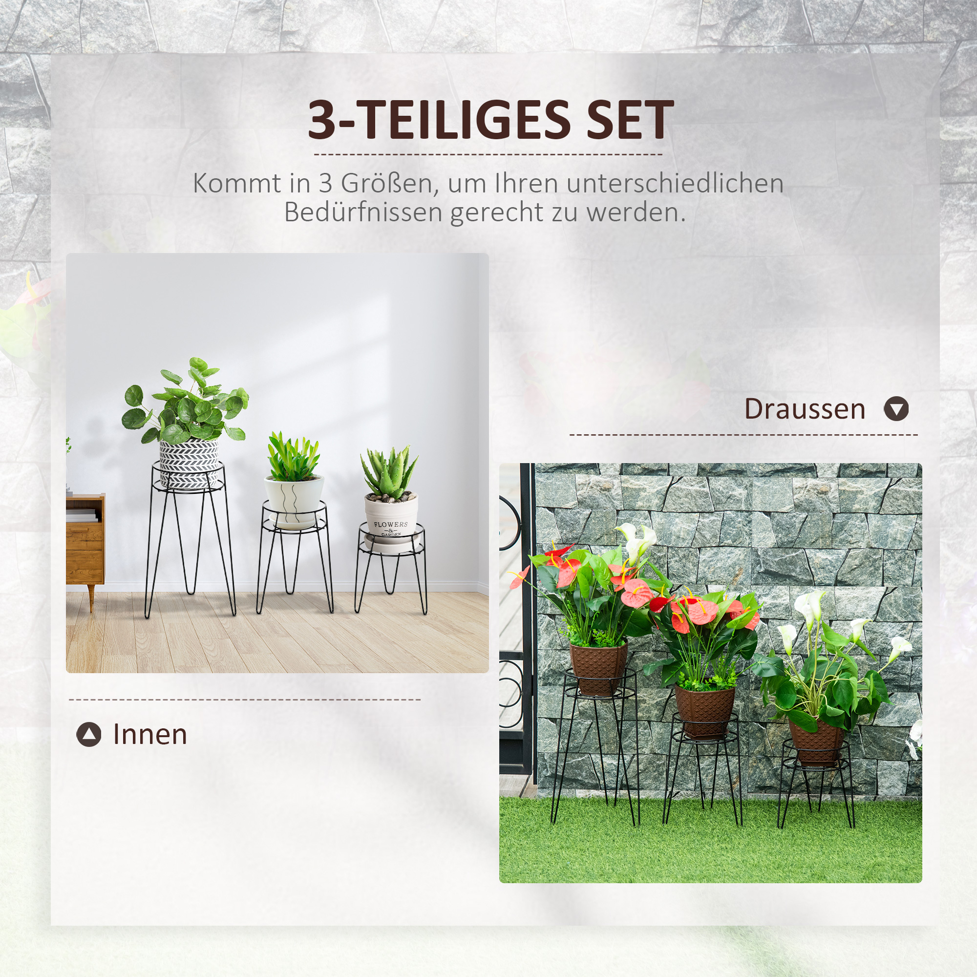 Blumenständer 3er Set aus Metall Pflanzenständer Set Blumenhocker Blumentopfhalter Pflanzenhocker für Blumentopf bis Ø16 cm Schwarz