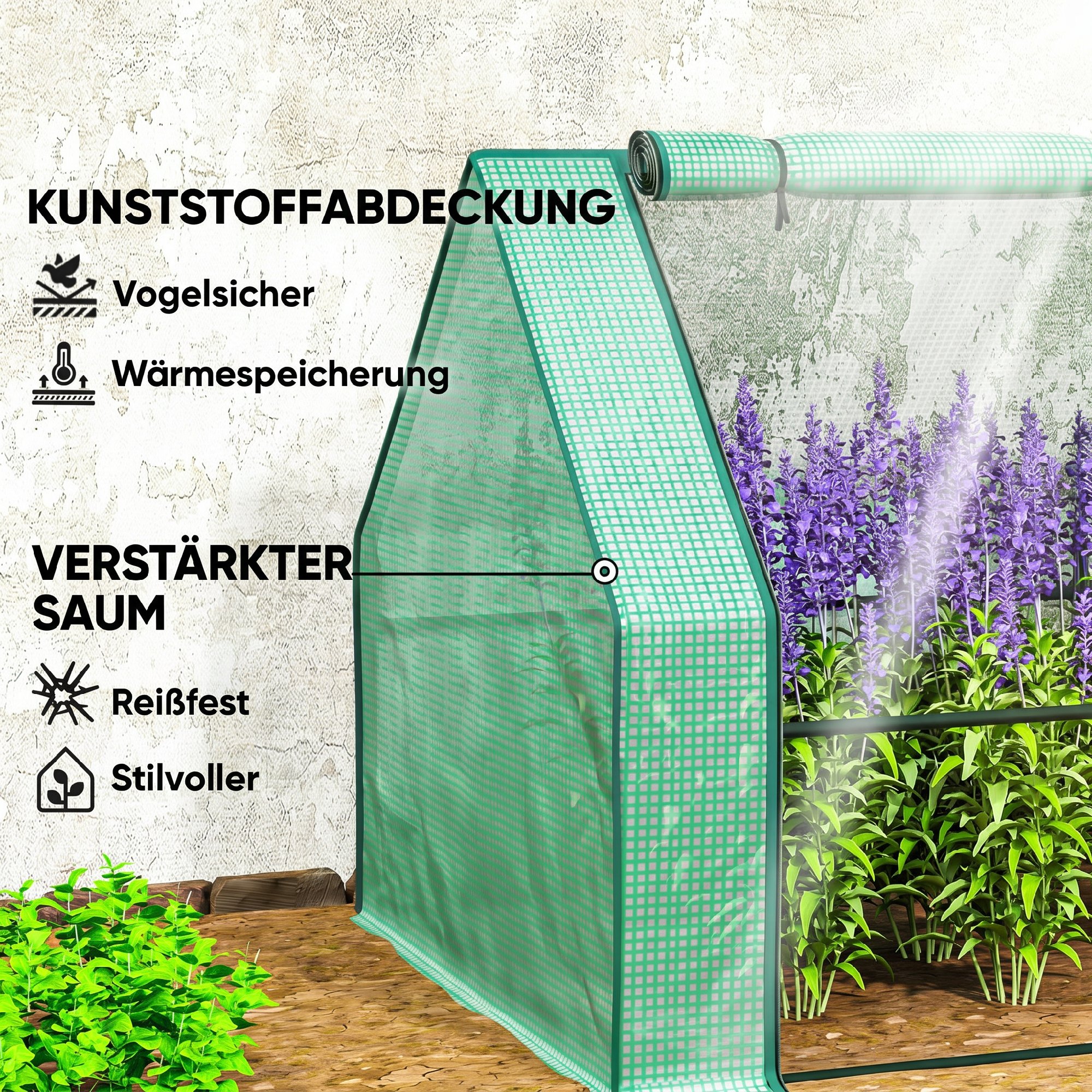 Gewächshaus mit Reißverschlussfenster, winterfest Foliengewächshaus aus Stahl 360 x 90 x 90 cm Grün