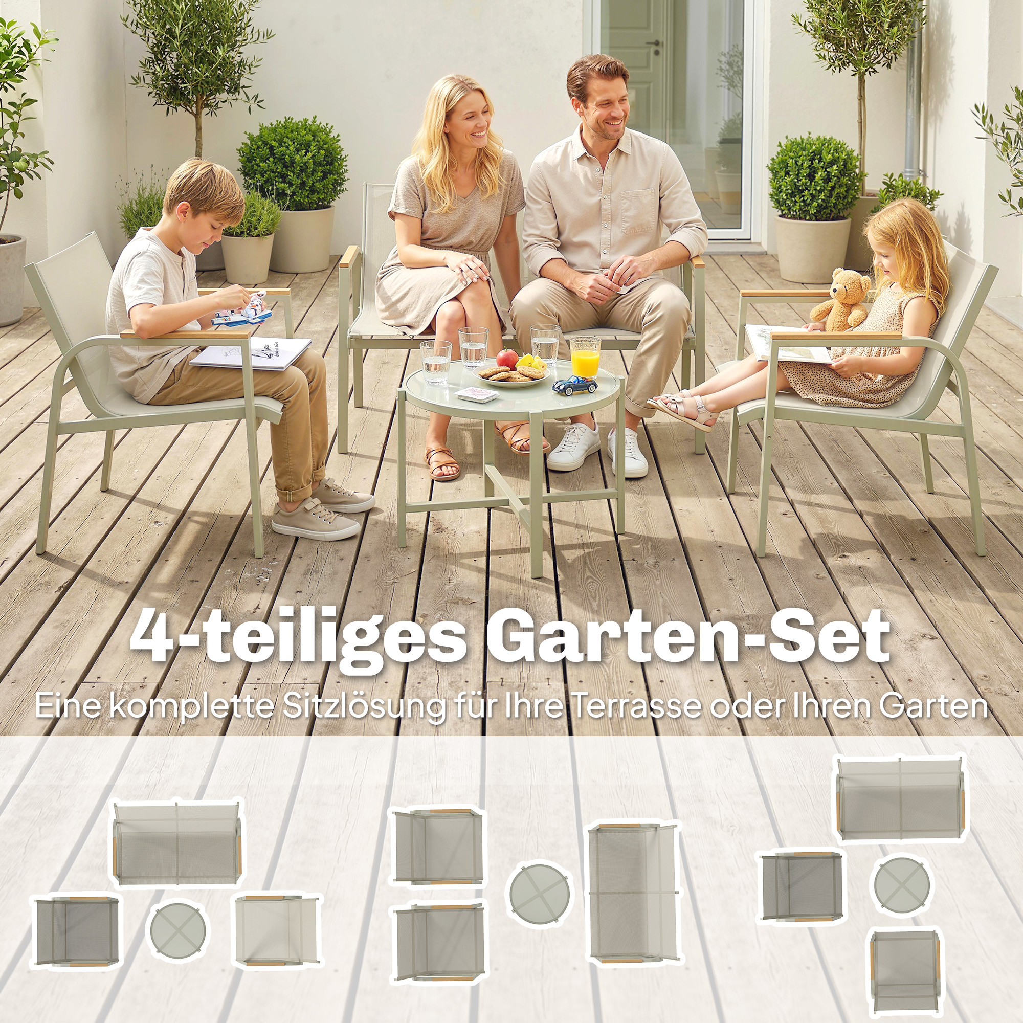 Gartenmöbel Set wetterfest Metall Sitzgruppe für 4 Personen Gartenlounge mit 2er-Sofa 2 Sesseln Beistelltisch Grün