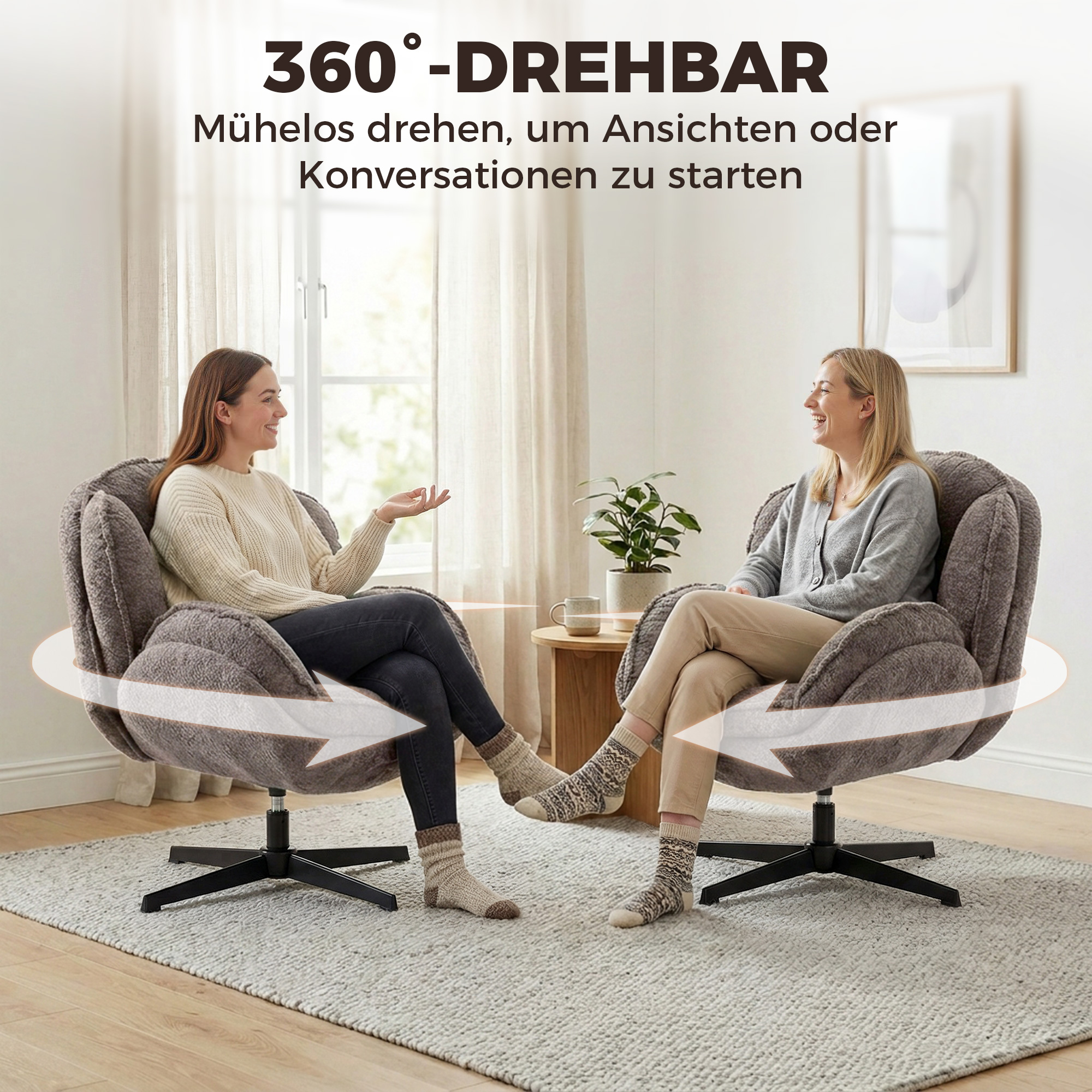 moderner Wingback-Sessel, Samt-Armlehnsessel mit Vier-Sterne-Basis, S-Federn, 360° Drehfunktion, Grau