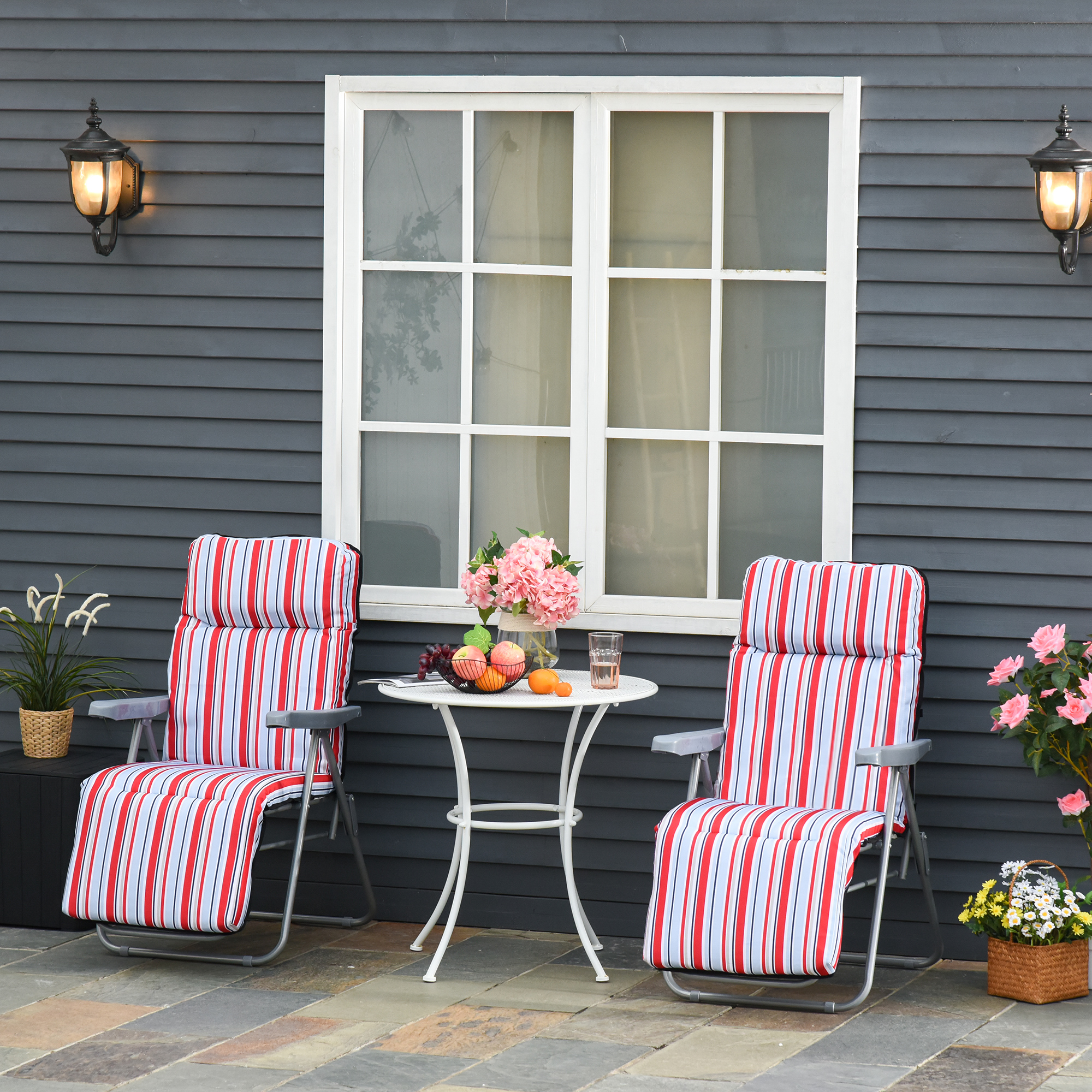 2er-Set Liegestuhl Set mit Kissen klappbar Sonnenliege 5 Stufen verstellbarer Rückenlehne Gartenliege Gartenmöbel Set Stahl Polyester Rot 60 x 75 x 65-102 cm