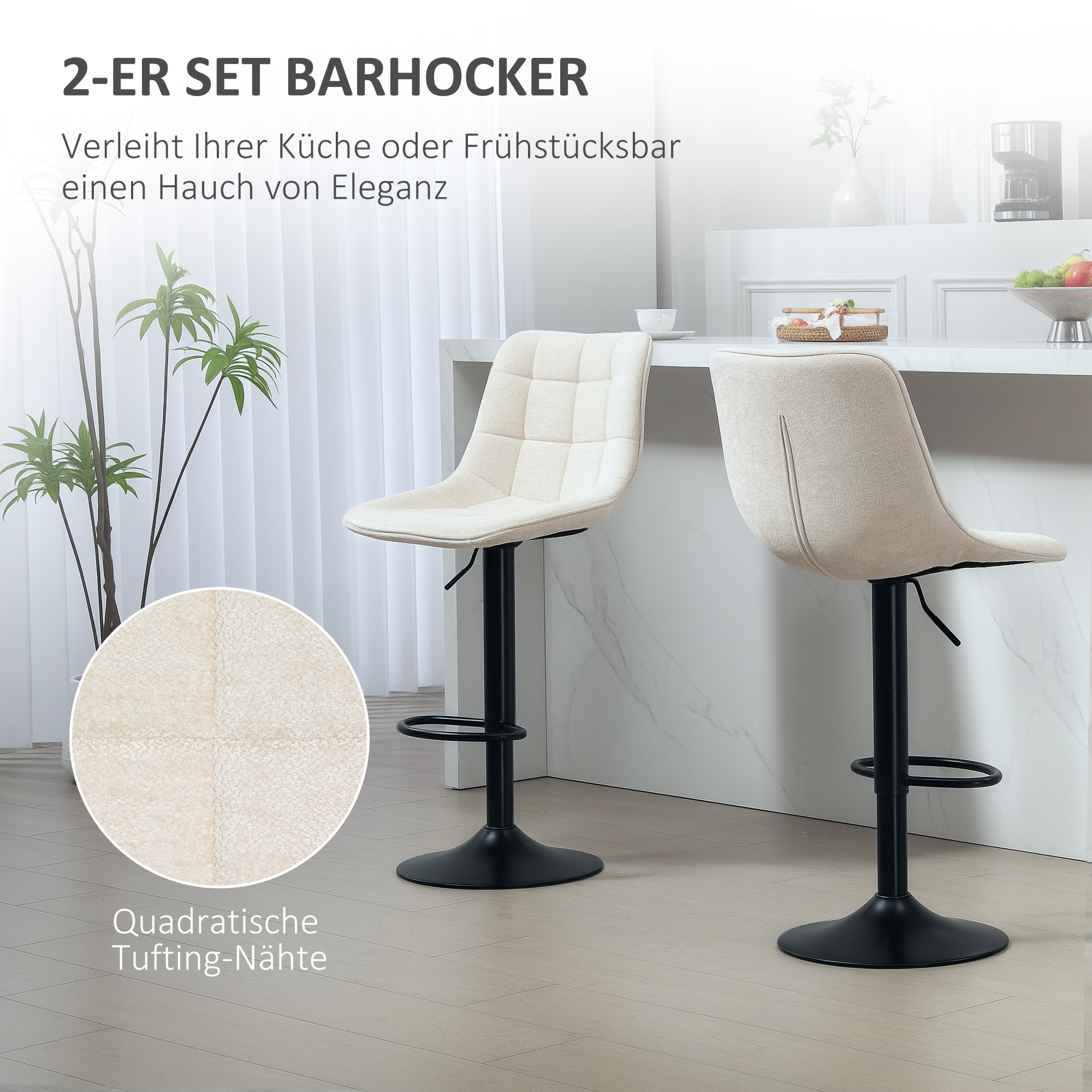 Moderner Barhocker, 2er-Set drehbare Barstühle mit Rückenlehne, höhenverstellbar, mit Fußstütze, gepolstert, Beige