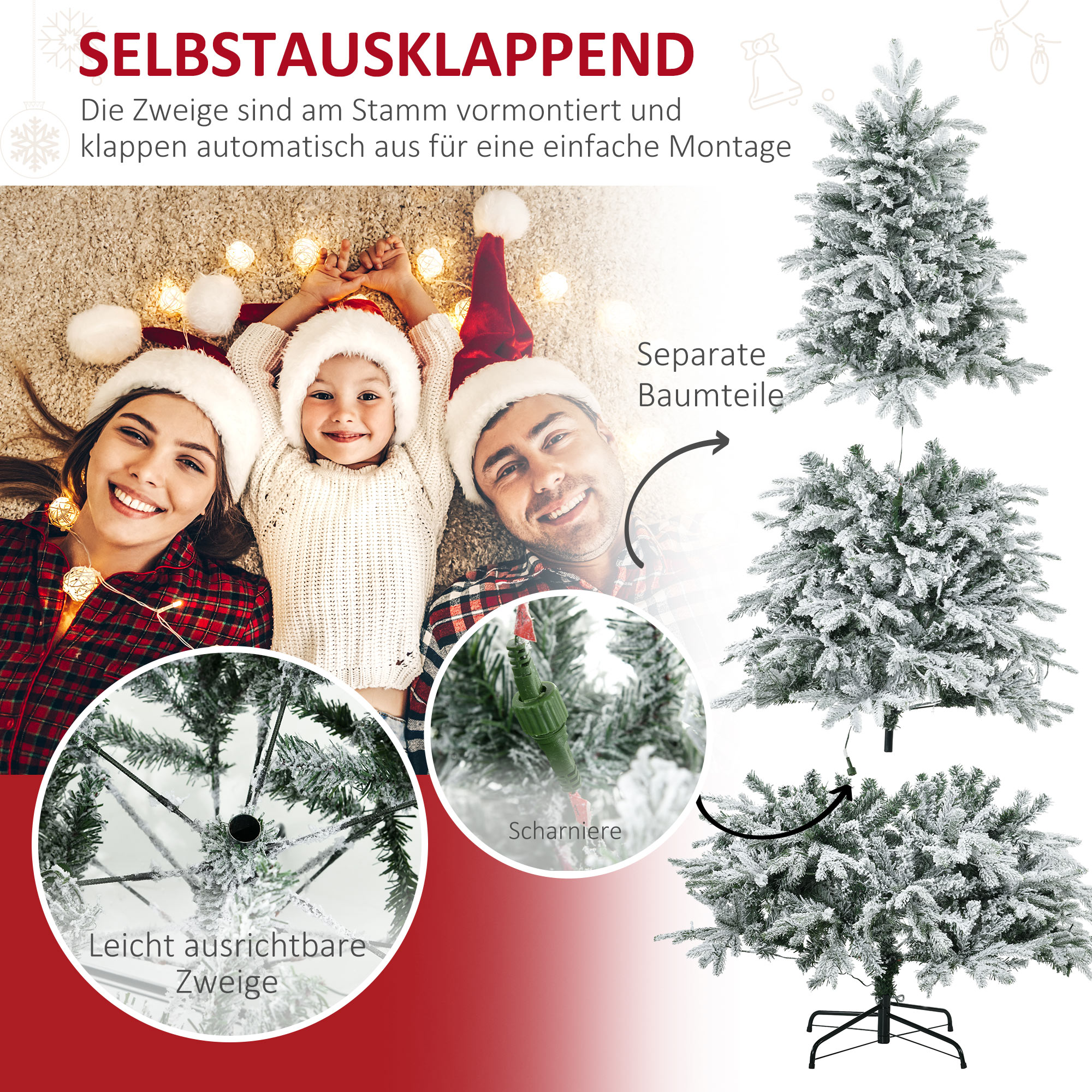 Künstlicher Weihnachtsbaum, Christbaum, inkl. Kunstschnee, LED-Lichter, 180 cm, Grün + Weiß