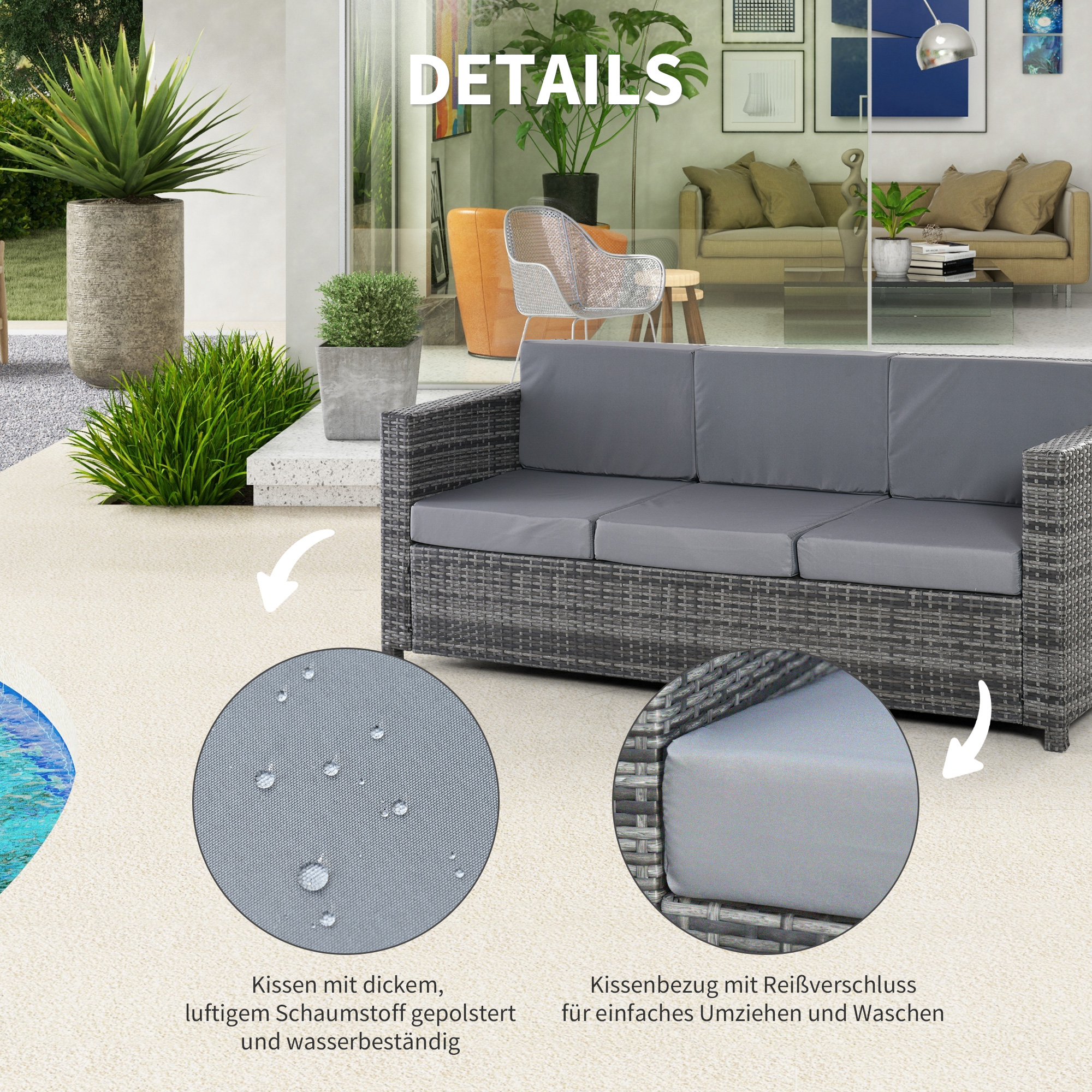 Poly-Rattan Sofa mit Kissen 3-Sitzer Garten Loungesofa Metall Polyester Grau 185 x 70 x 80 cm