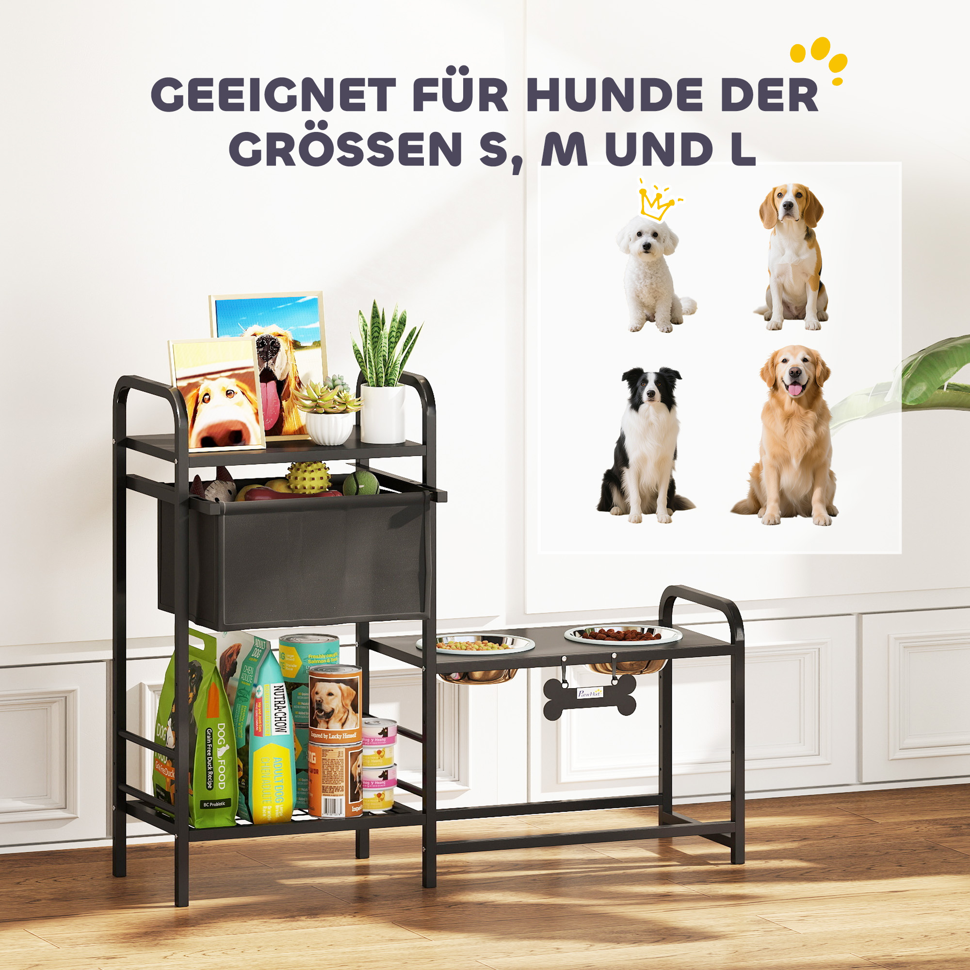 erhöhter Hundenapf Höhenverstellbar Futternapf mit Stauraum Wassernapf 2 x 800ml Edelstahlnäpfen 89,5x27x74 cm Schwarz