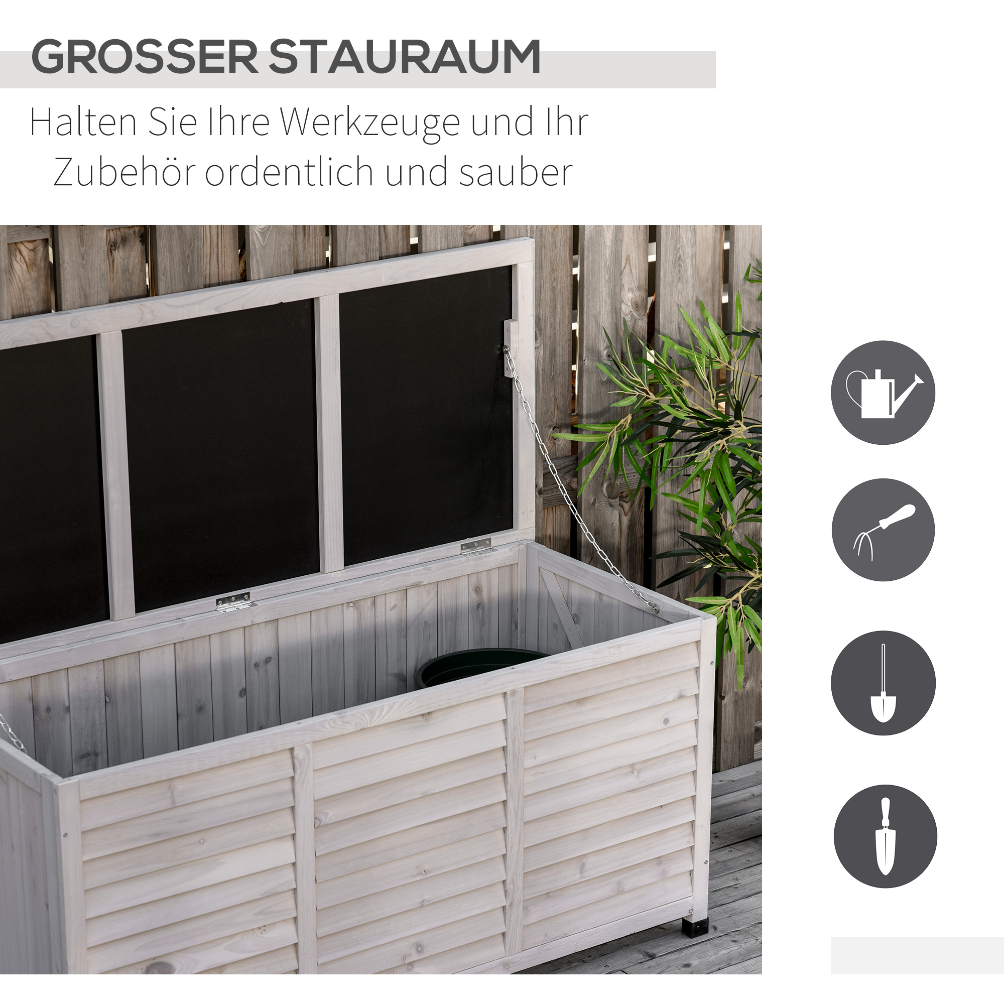 Gartenbox, wetterbeständig, luftdurchlässig, Kissenbox, Aufbewahrungsbox, Fichtenholz, grau, 127 x 56 x 60 cm