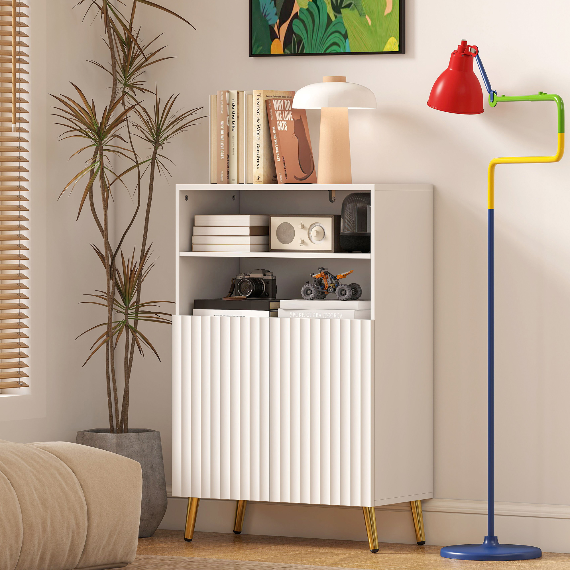 Badezimmerschrank, Kommode für Wohnräume, Soft-Close-Türen, 2 offene Regale, MDF, Weiß