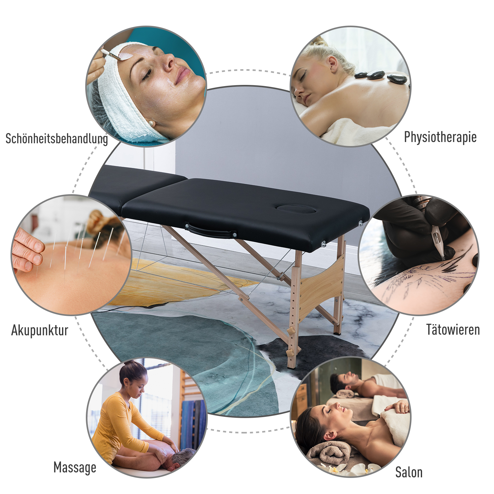 Massageliege 3 Zonen klappbar Massagetisch mit Kopfstütze Armlehne Tragetasche Holzfüßen höhenverstellbare Massagebett tragbar Kosmetikliege für Tattoo Spa Salon Schwarz