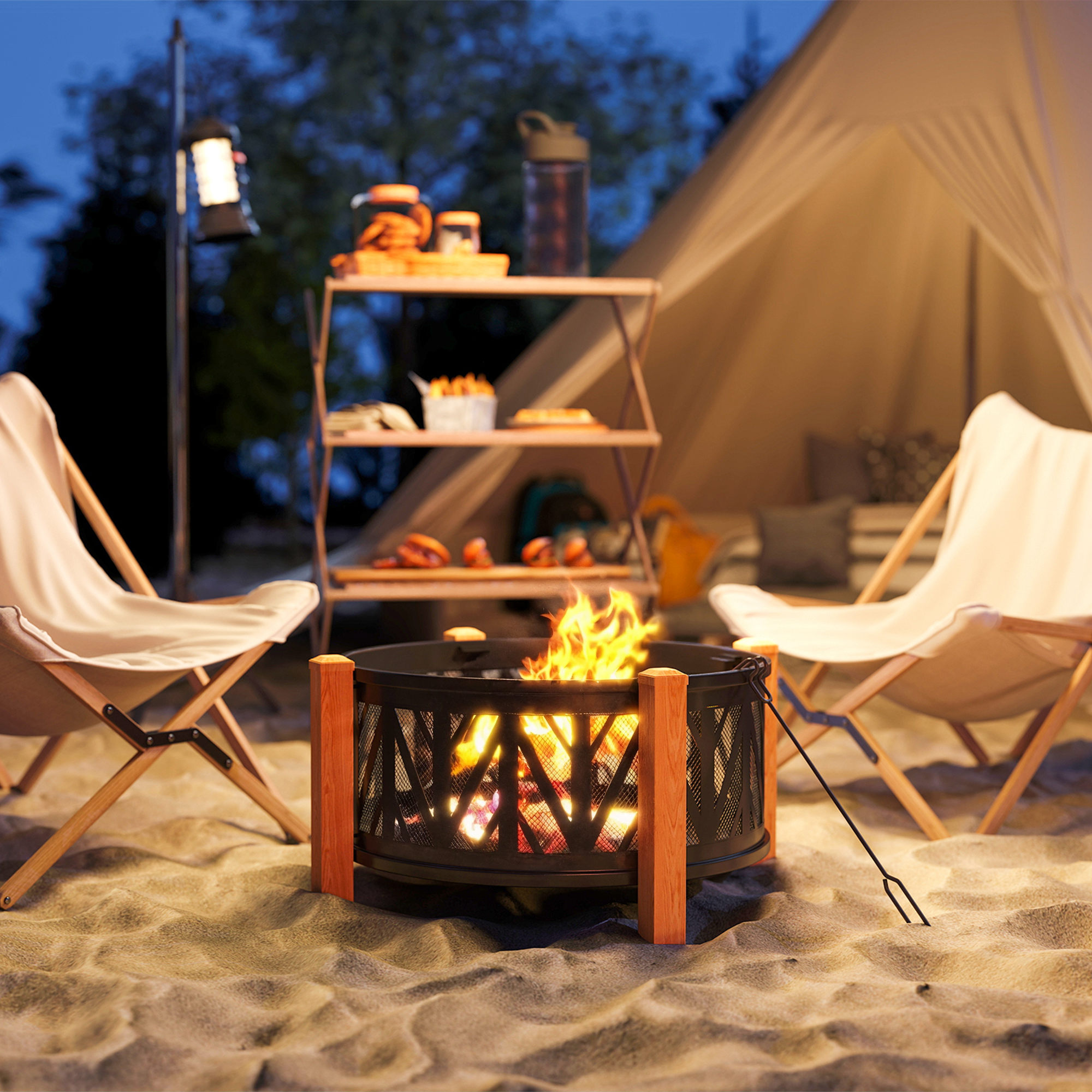 2-in-1 Feuerschale Ø75 x 58 cm Feuerstelle mit Funkenschutz Schürhaken Grillrost Schwarz