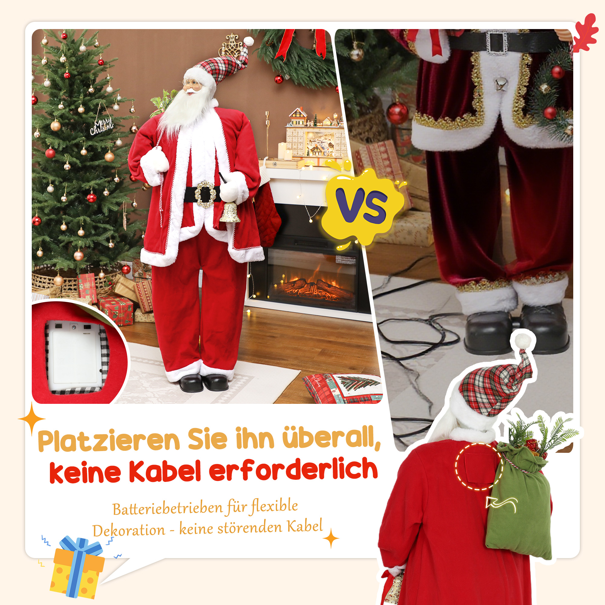 Weihnachtsmann 1,6 m stehende Weihnachtsmann mit Geschenk- und Weihnachtsglocken Soundfunktion