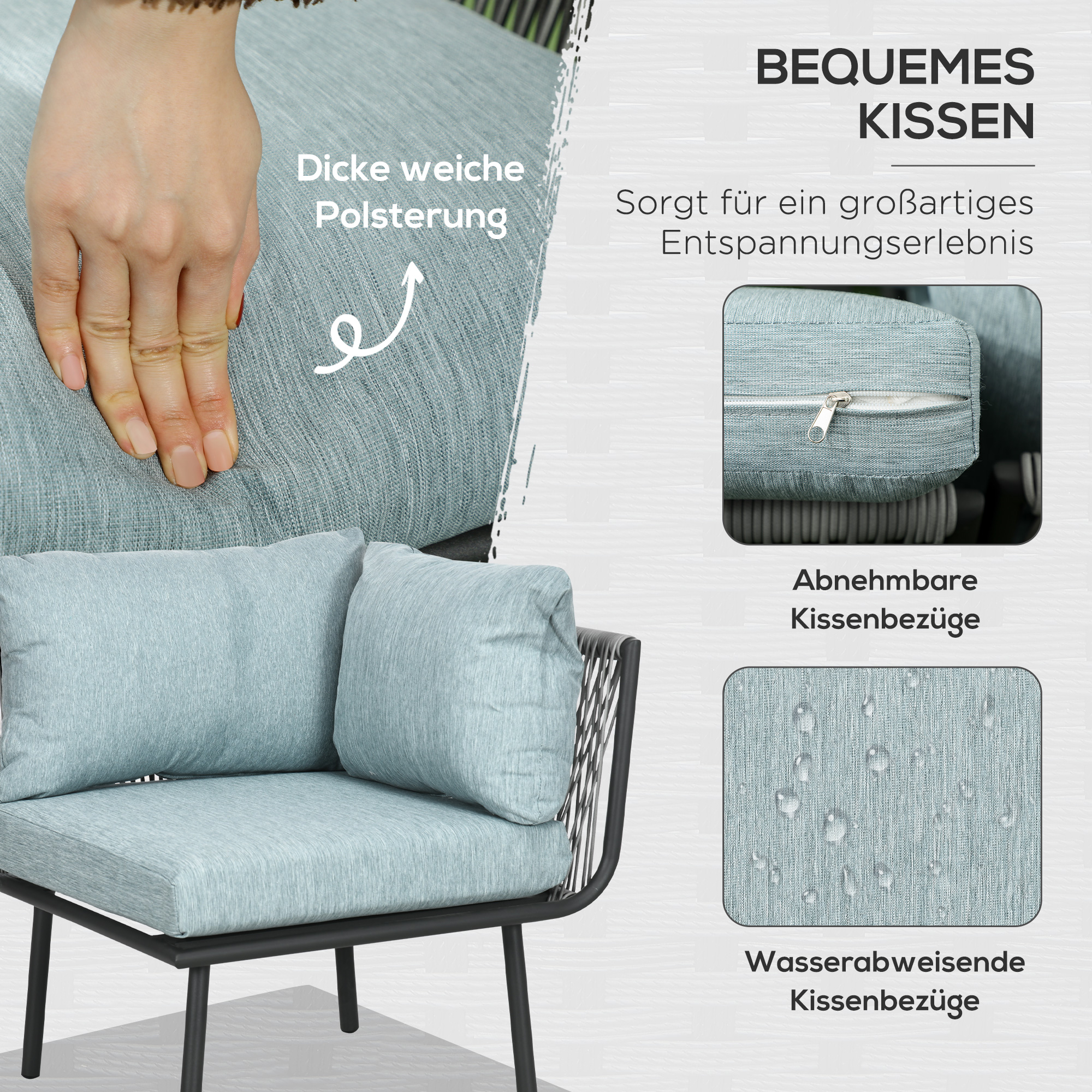 Rattan Gartenmöbel-Set für 4 Personen Sitzgarnitur mit Kissen für Balkon Alu Grau