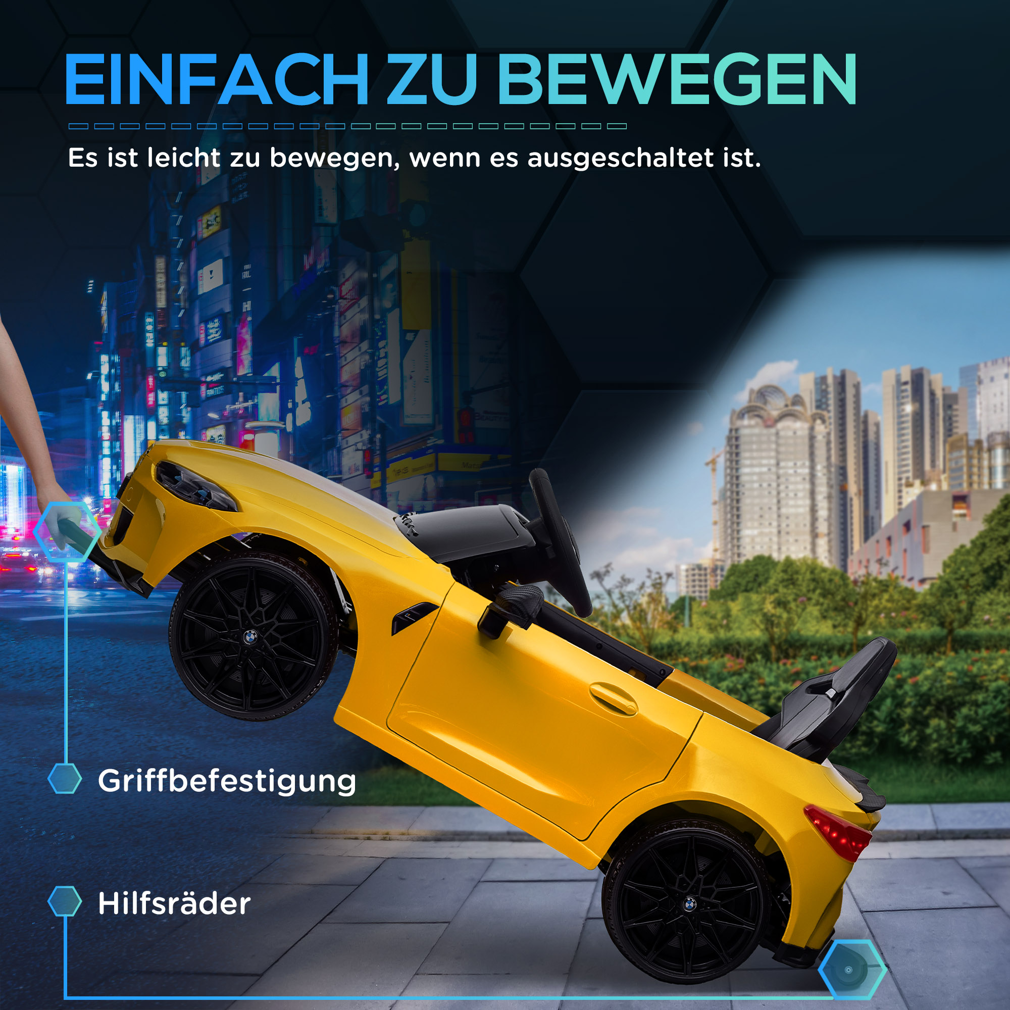 Elektro Kinderauto BMW M4, Sound & Licht, 3-5 km/h, inkl. Fernsteuerung, für 3-5 Jahre, Gelb