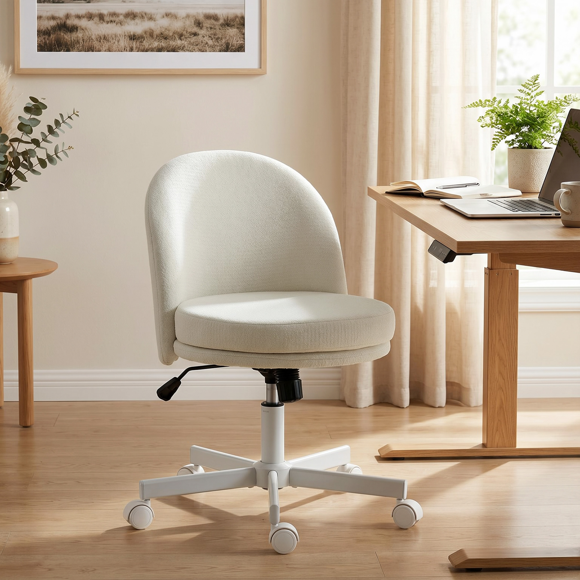 Homeoffice Stuhl Höhenverstellbar Schreibtischstuhl mit Chenille-Optik, Schminkstuhl mit Wippfunktion Creme