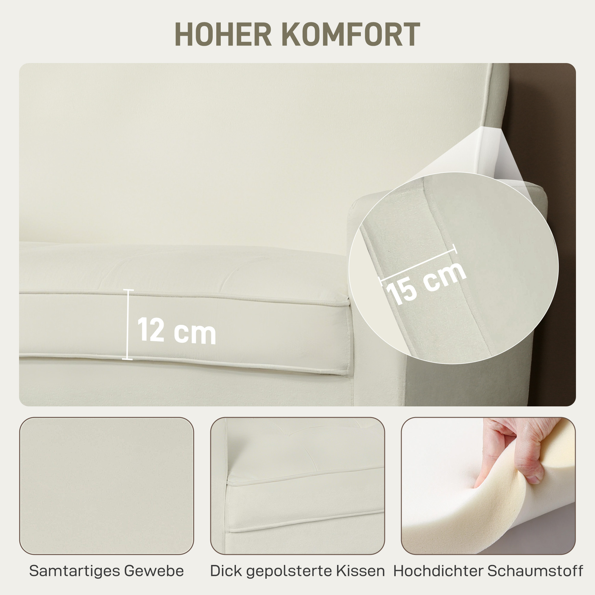 2-Sitzer-Sofa, Doppelsitzsofa mit Kautschukholzbeinen, Polstersofa für Wohnzimmer, Schlafzimmer, Cremeweiß