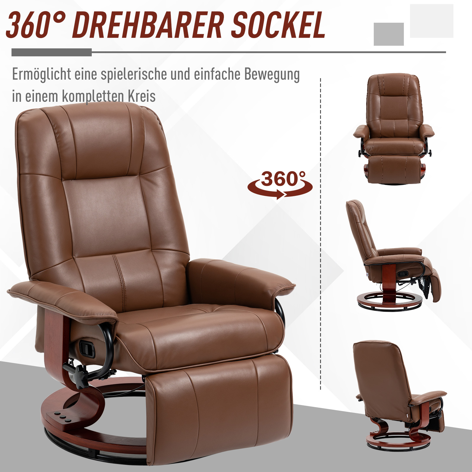 Relaxsessel, 145° neigbar, verstellbare Fußstütze, Kunstleder, 360° drehbar, bis 120 kg, Braun